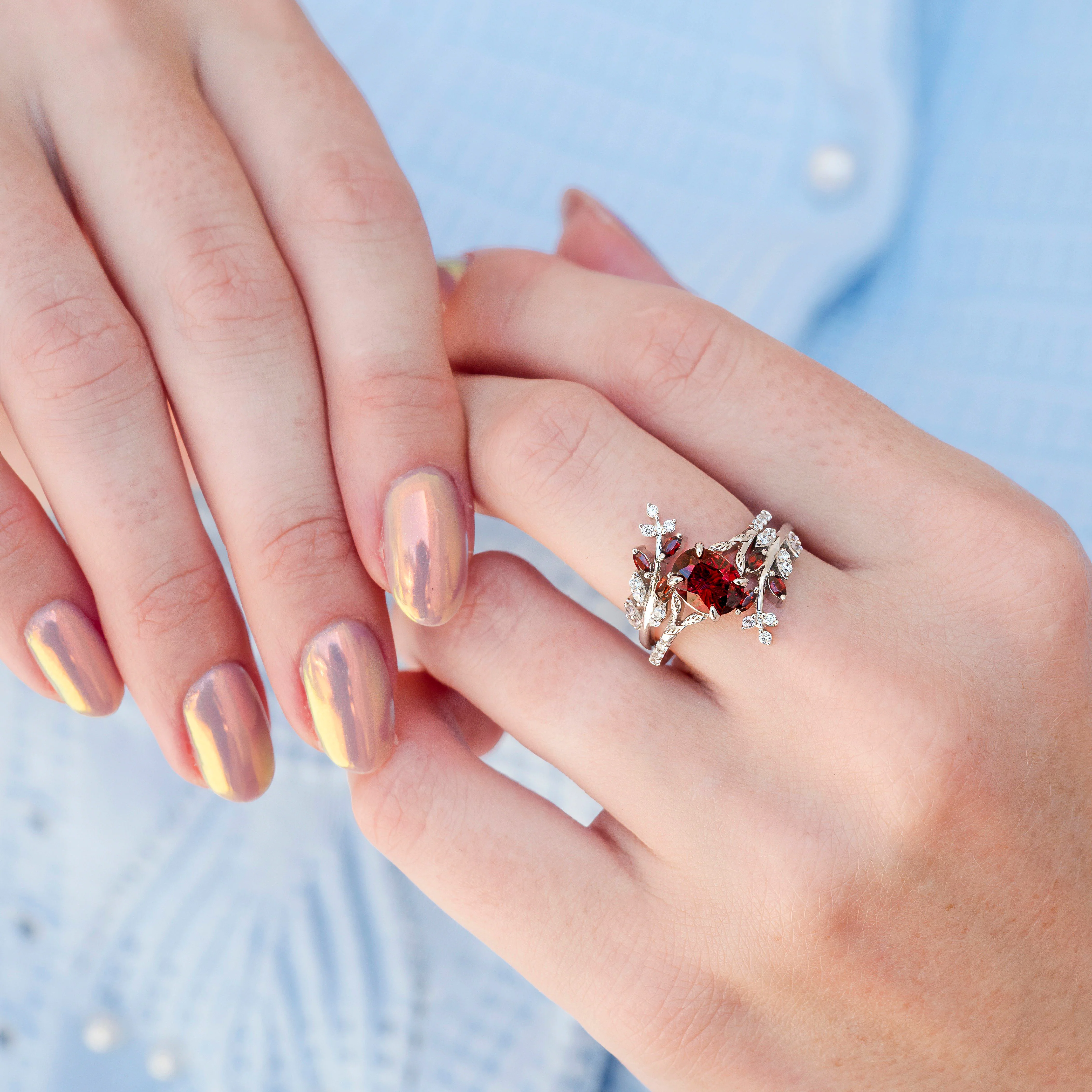 Unique Fireworks Cut Garnet & Whiskey Barrel Couples Ring Set - Image 4