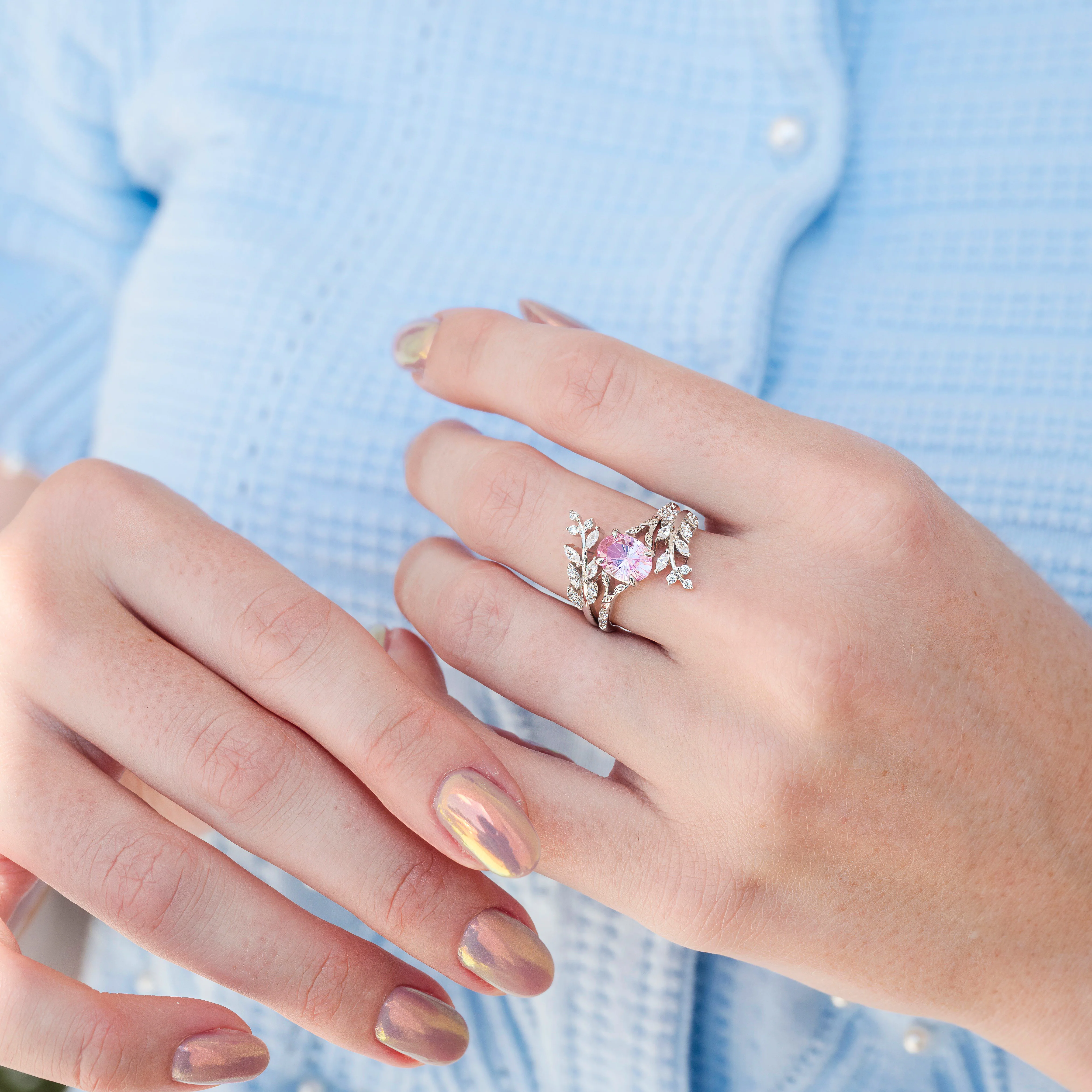 Fireworks Cut Lab-Grown Pink Sapphire Leaf Engagement Ring Set in Sterling Silver - Image 2