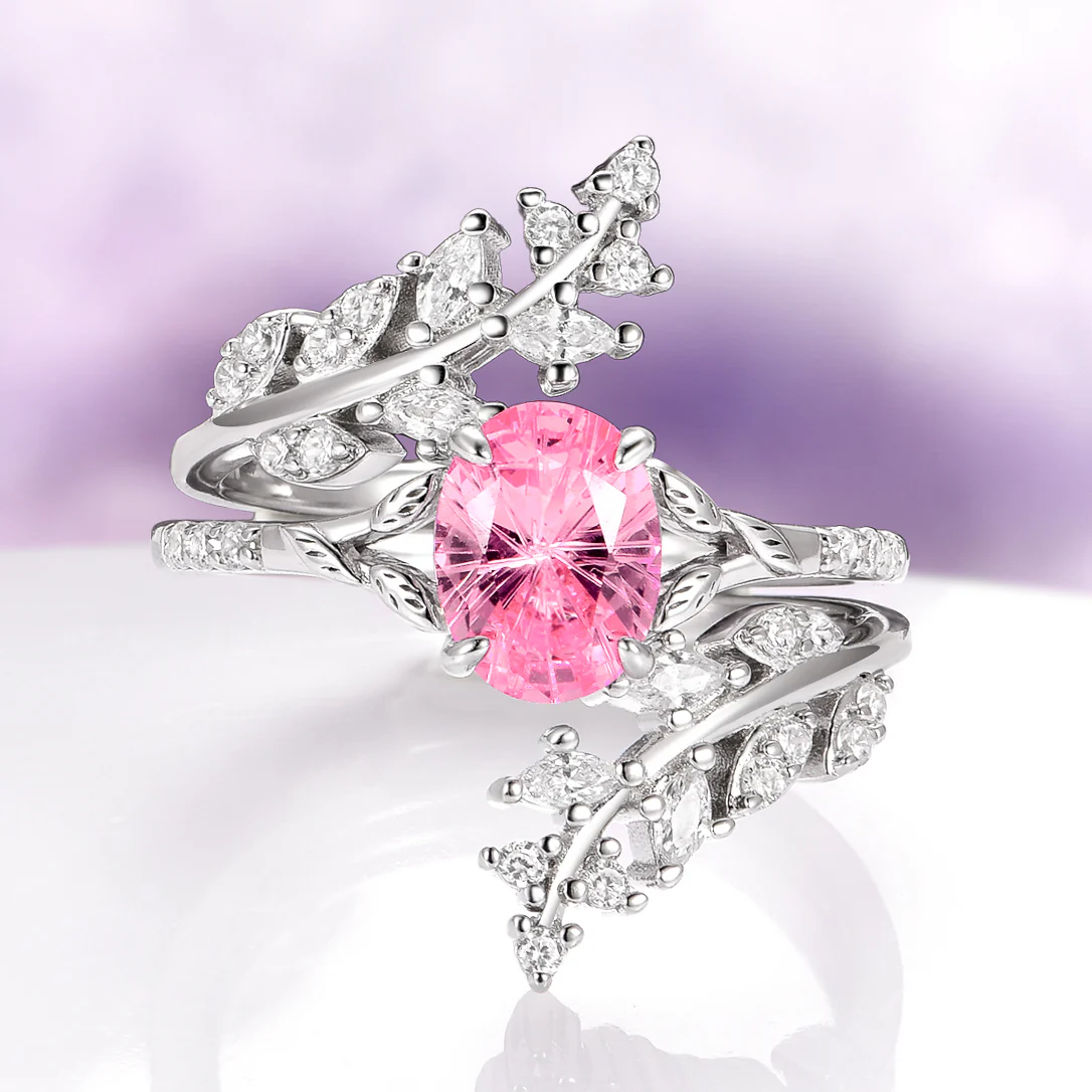 Fireworks Cut Lab-Grown Pink Sapphire Leaf Engagement Ring Set in Sterling Silver