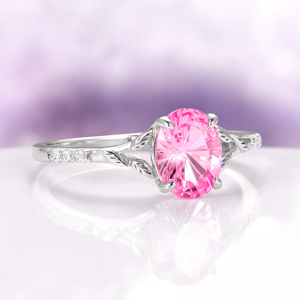 Fireworks Cut Lab-Grown Pink Sapphire Leaf Engagement Ring Set in Sterling Silver - Image 7