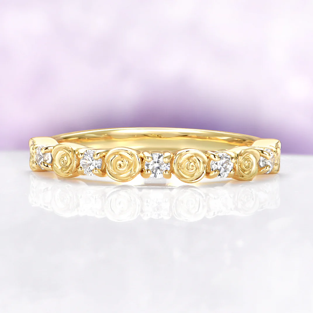 Floral Rose Flower Wedding Band in Solid 14K Yellow Gold