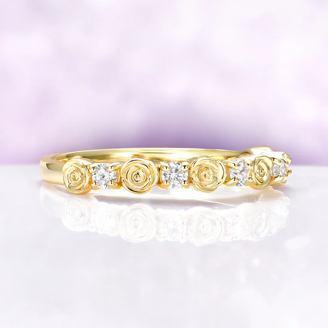 Floral Rose Flower Wedding Band in Solid 14K Yellow Gold - Image 2