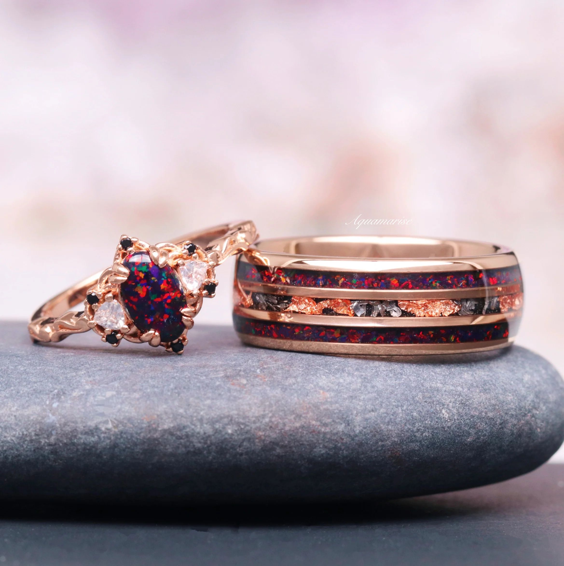 Black Fire Opal & Meteorite Wedding Band- 8MM Rose Gold Tungsten - Image 2