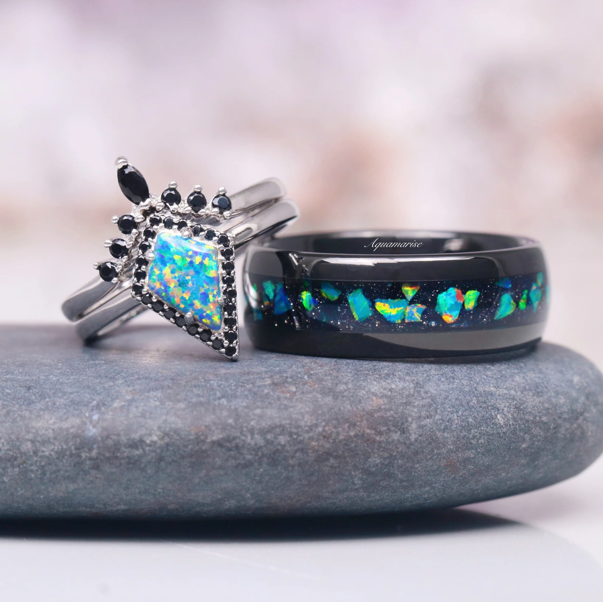 Kite Cut Green Fire Opal & Black Onyx Ring Set in Sterling Silver - Image 2
