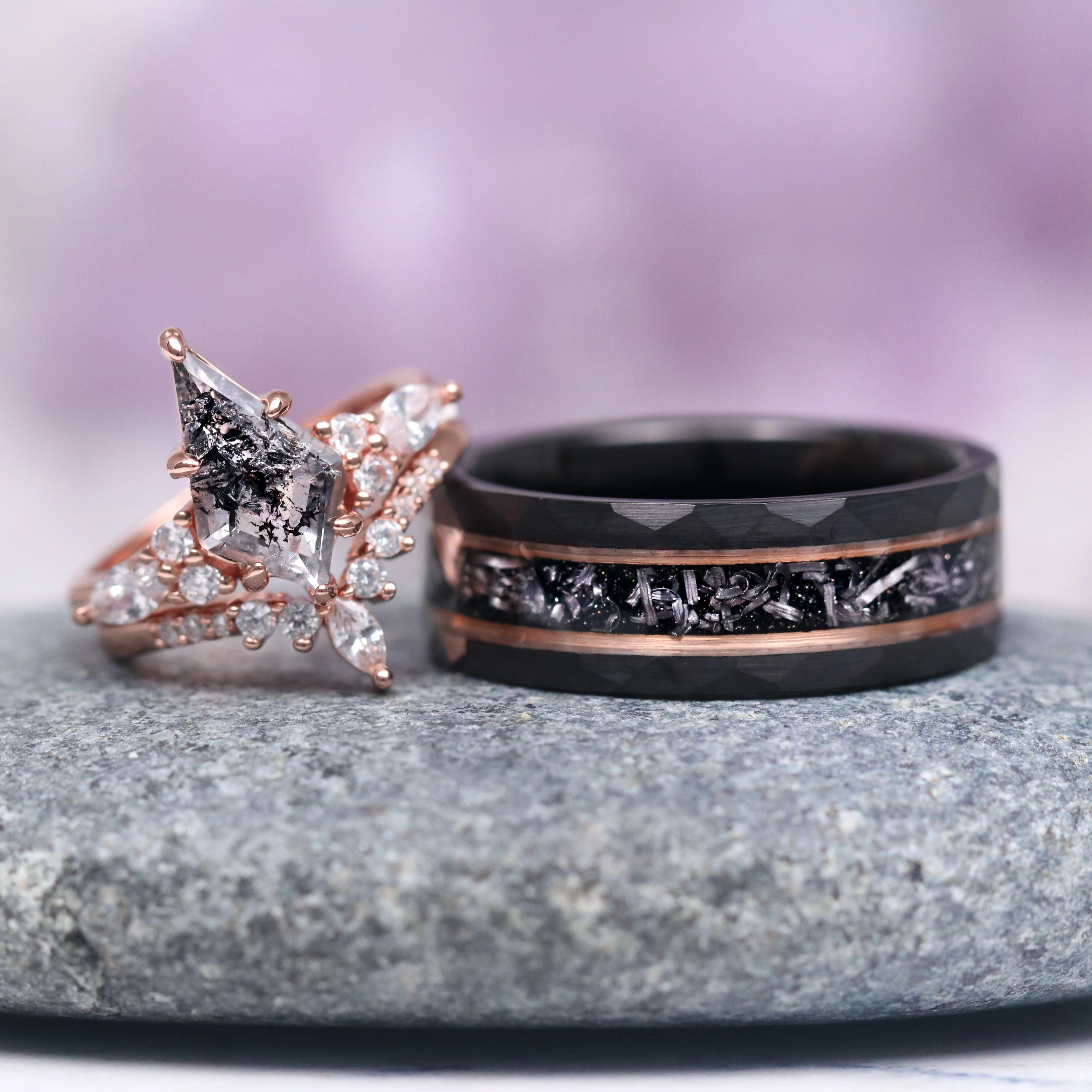 Galaxy Meteorite Hammered Wedding Band in Two-Tone Black Tungsten Carbide (8mm) - Image 6