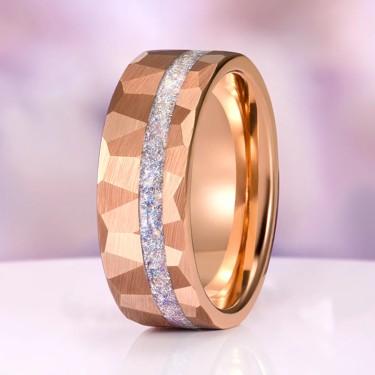 Moonstone Hammered Wedding Band in Rose Gold Tungsten Carbide (8mm)