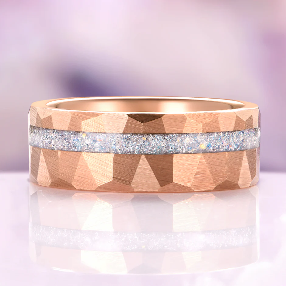 Moonstone Hammered Wedding Band in Rose Gold Tungsten Carbide (8mm) - Image 2