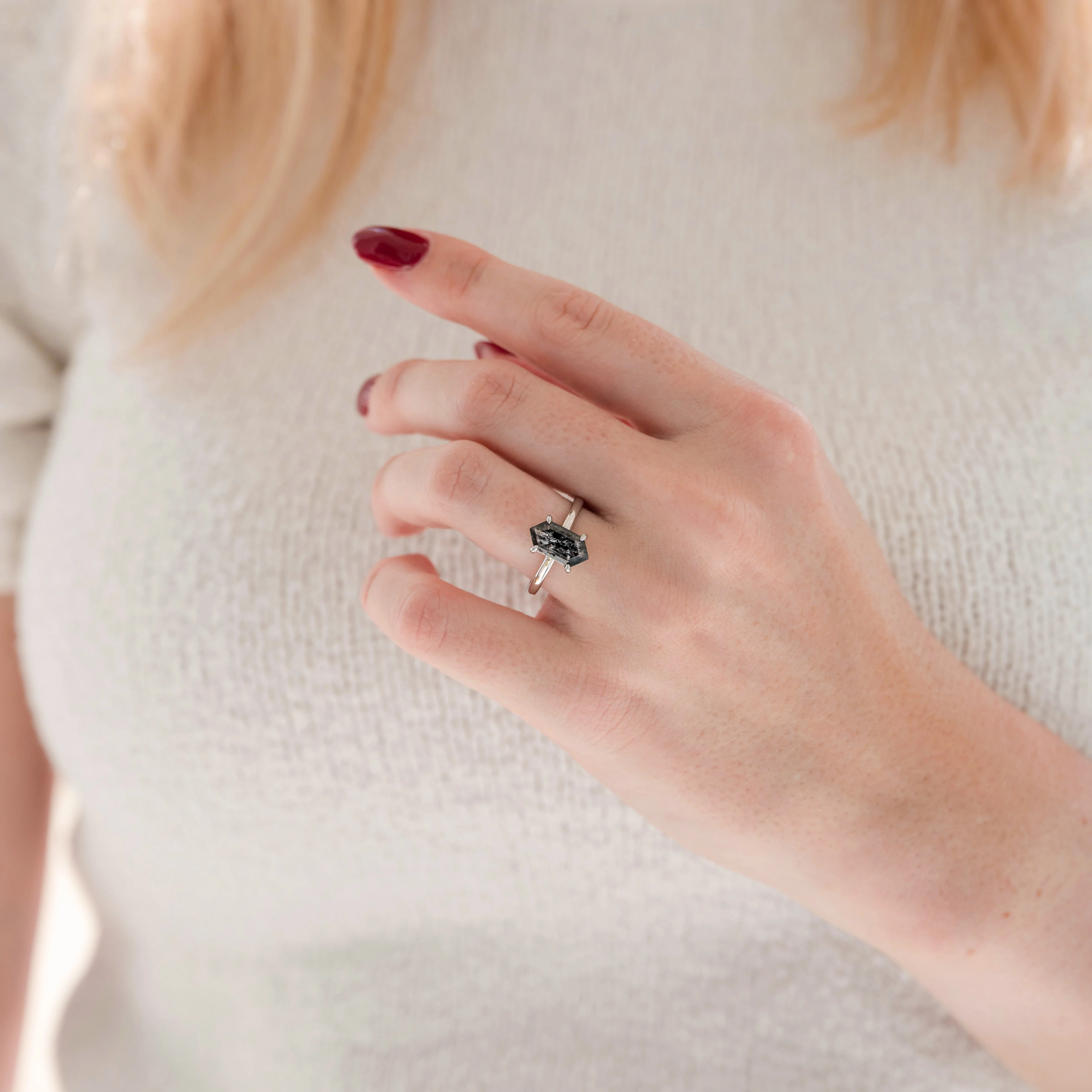 Hexagon Galaxy Raw Salt & Pepper (Herkimer) Diamond Ring- Sterling Silver - Image 2