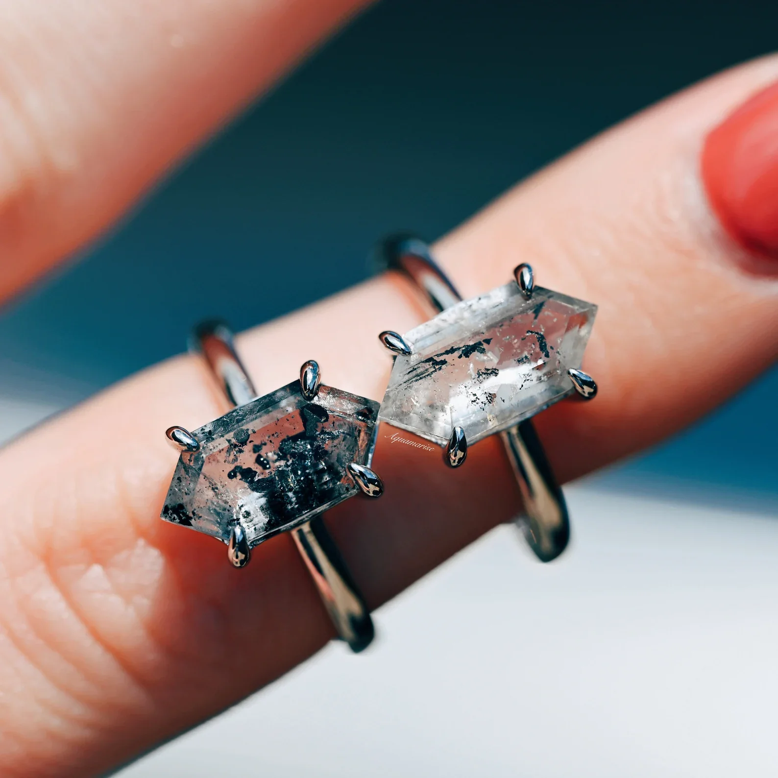 Hexagon Galaxy Raw Salt & Pepper (Herkimer) Diamond Ring- Sterling Silver - Image 4