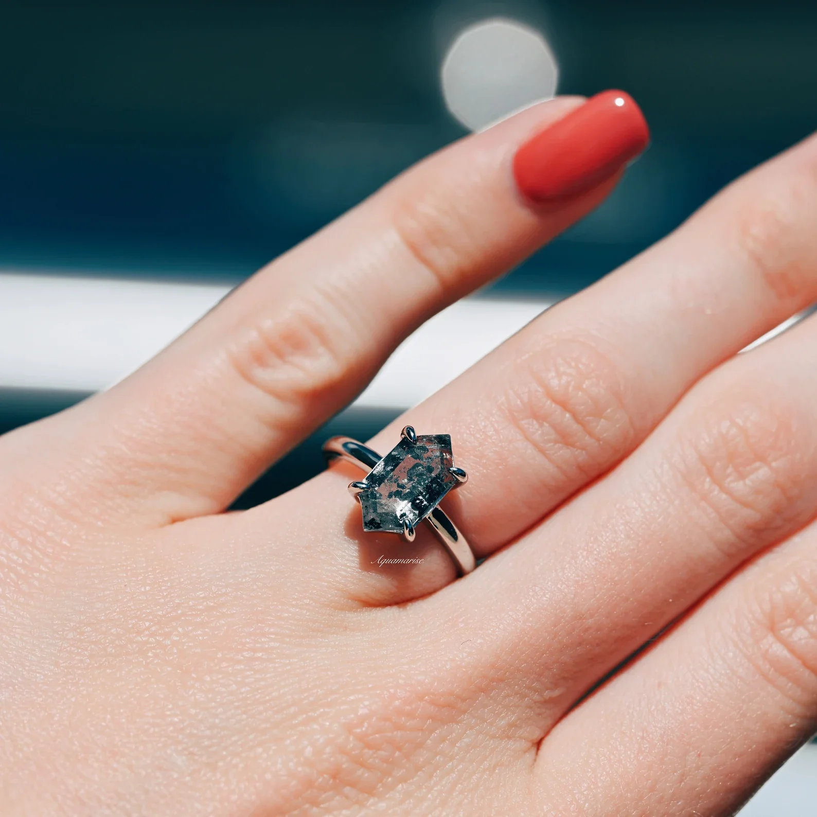 Hexagon Galaxy Raw Salt & Pepper (Herkimer) Diamond Ring- Sterling Silver - Image 5
