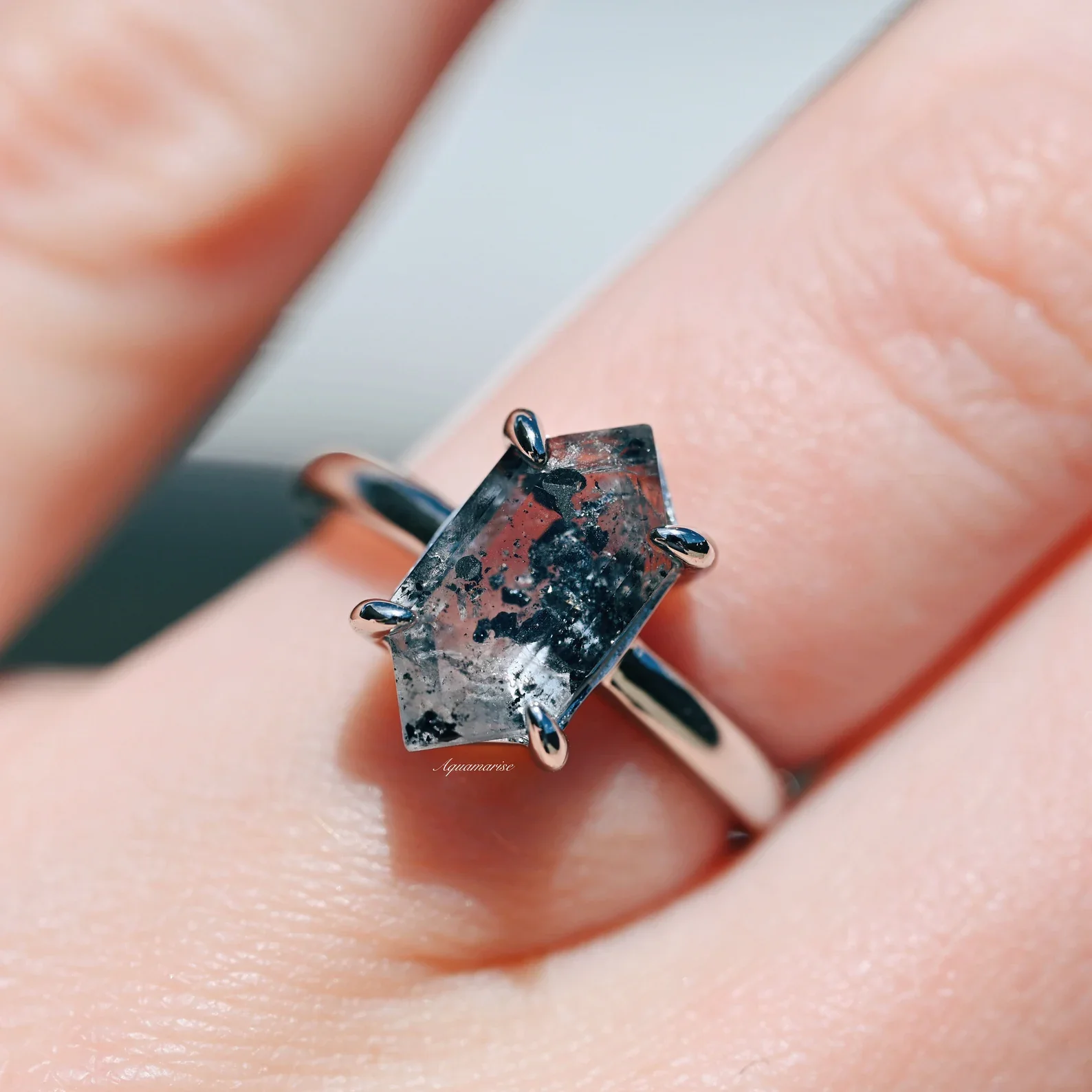 Hexagon Galaxy Raw Salt & Pepper (Herkimer) Diamond Ring- Sterling Silver - Image 6