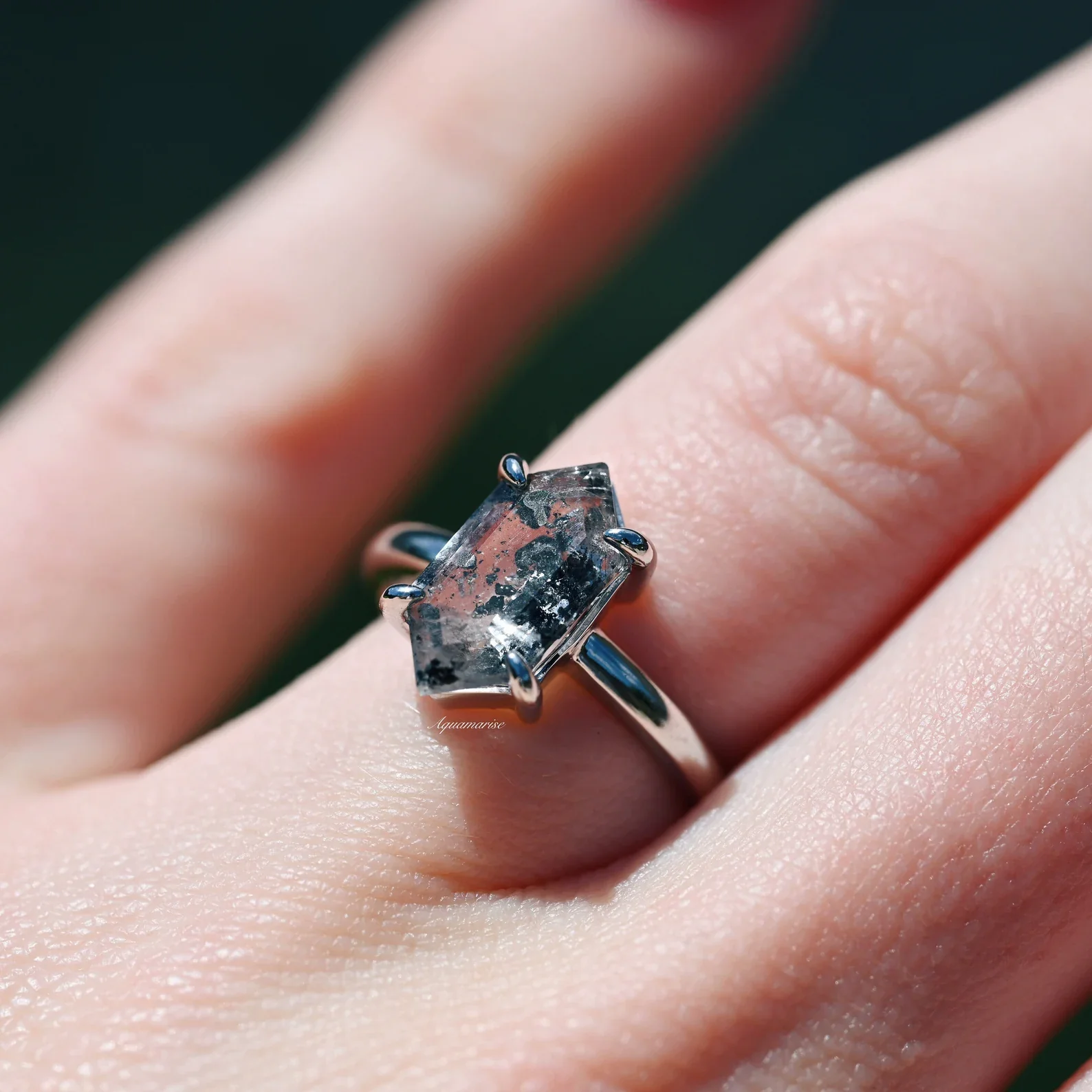 Hexagon Galaxy Raw Salt & Pepper (Herkimer) Diamond Ring- Sterling Silver - Image 8