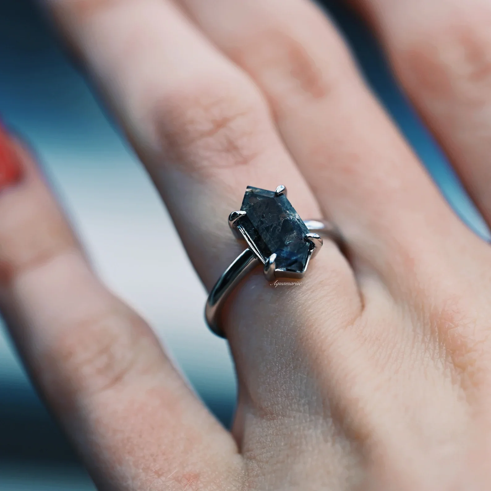 Hexagon Galaxy Raw Salt & Pepper (Herkimer) Diamond Ring- Sterling Silver - Image 9