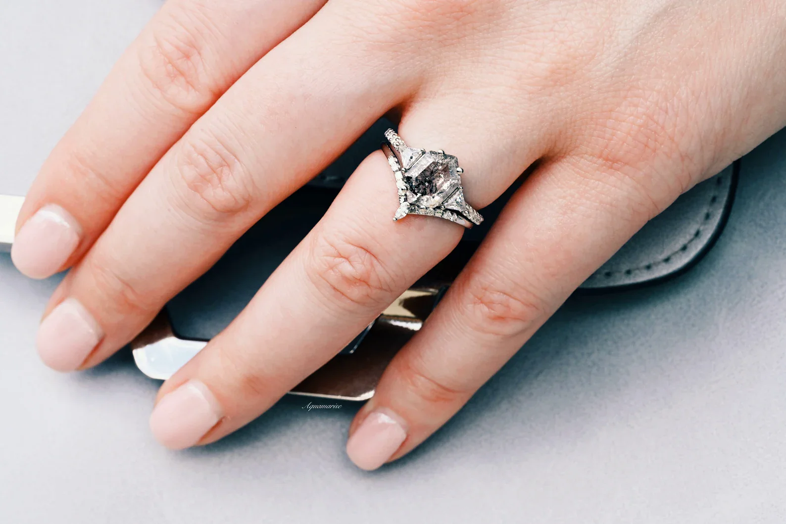 Natural Herkimer Diamond Hexagon Ring Set in Sterling Silver - Image 2