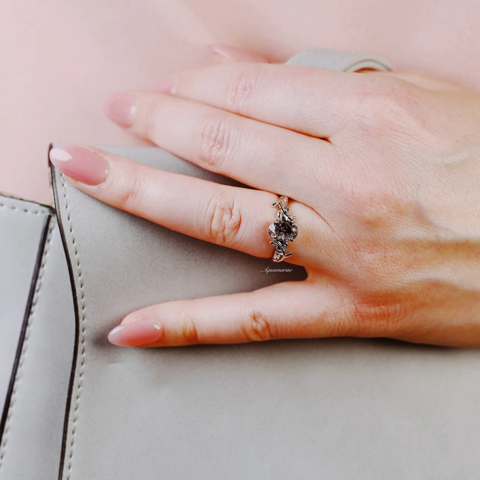 Natural Herkimer Diamond Leaf Engagement Ring in Sterling Silver - Image 3