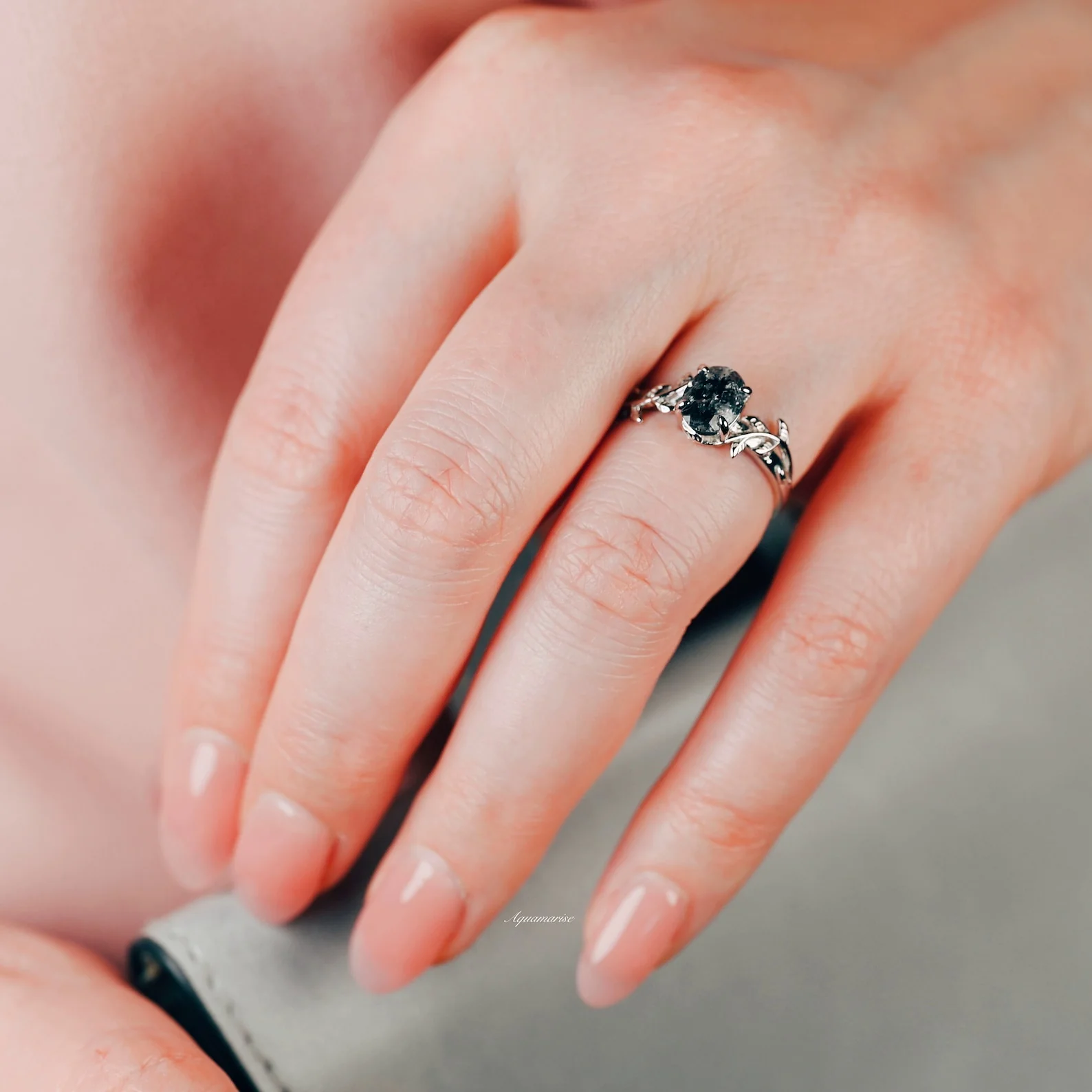 Natural Herkimer Diamond Leaf Engagement Ring in Sterling Silver - Image 4