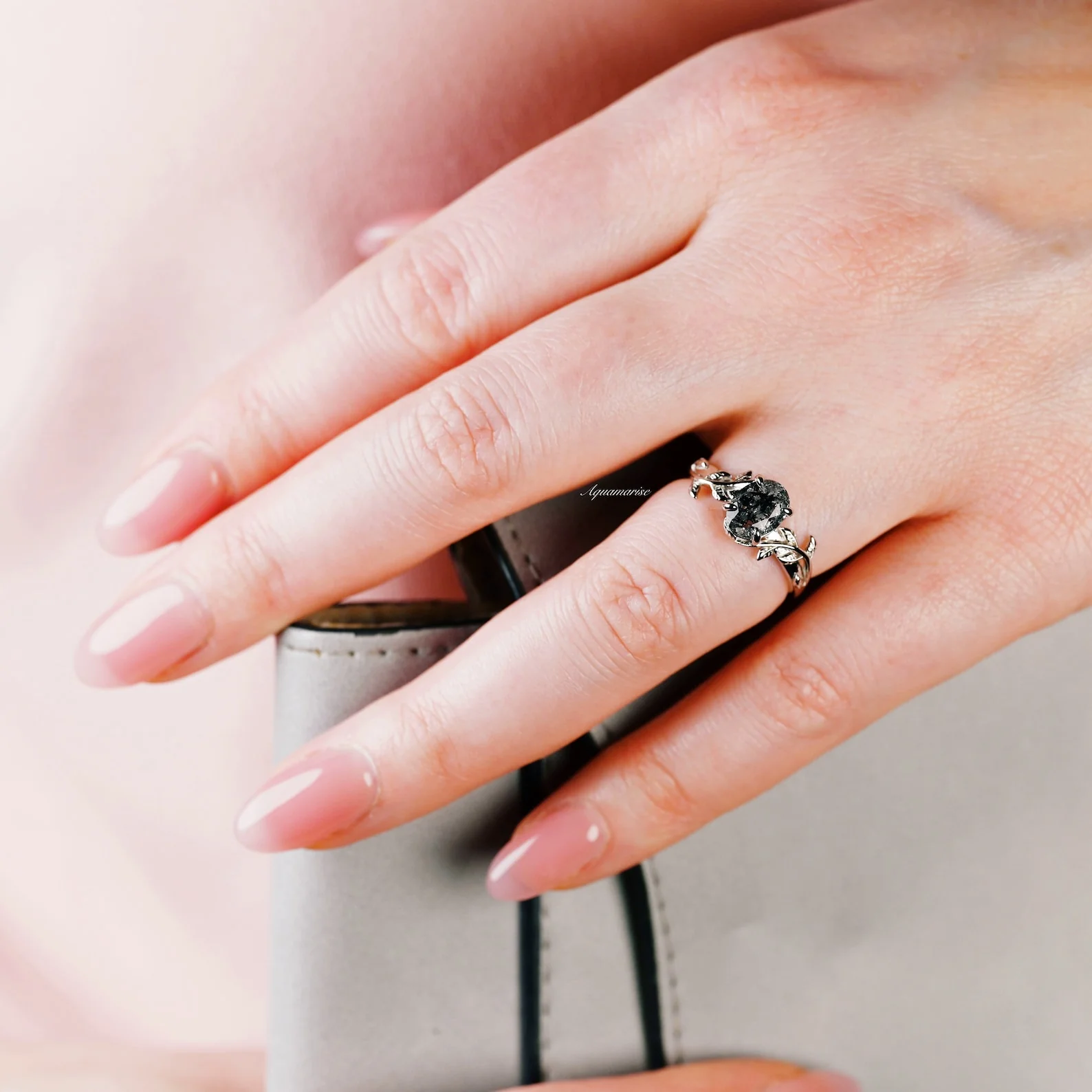 Natural Herkimer Diamond Leaf Engagement Ring in Sterling Silver - Image 5