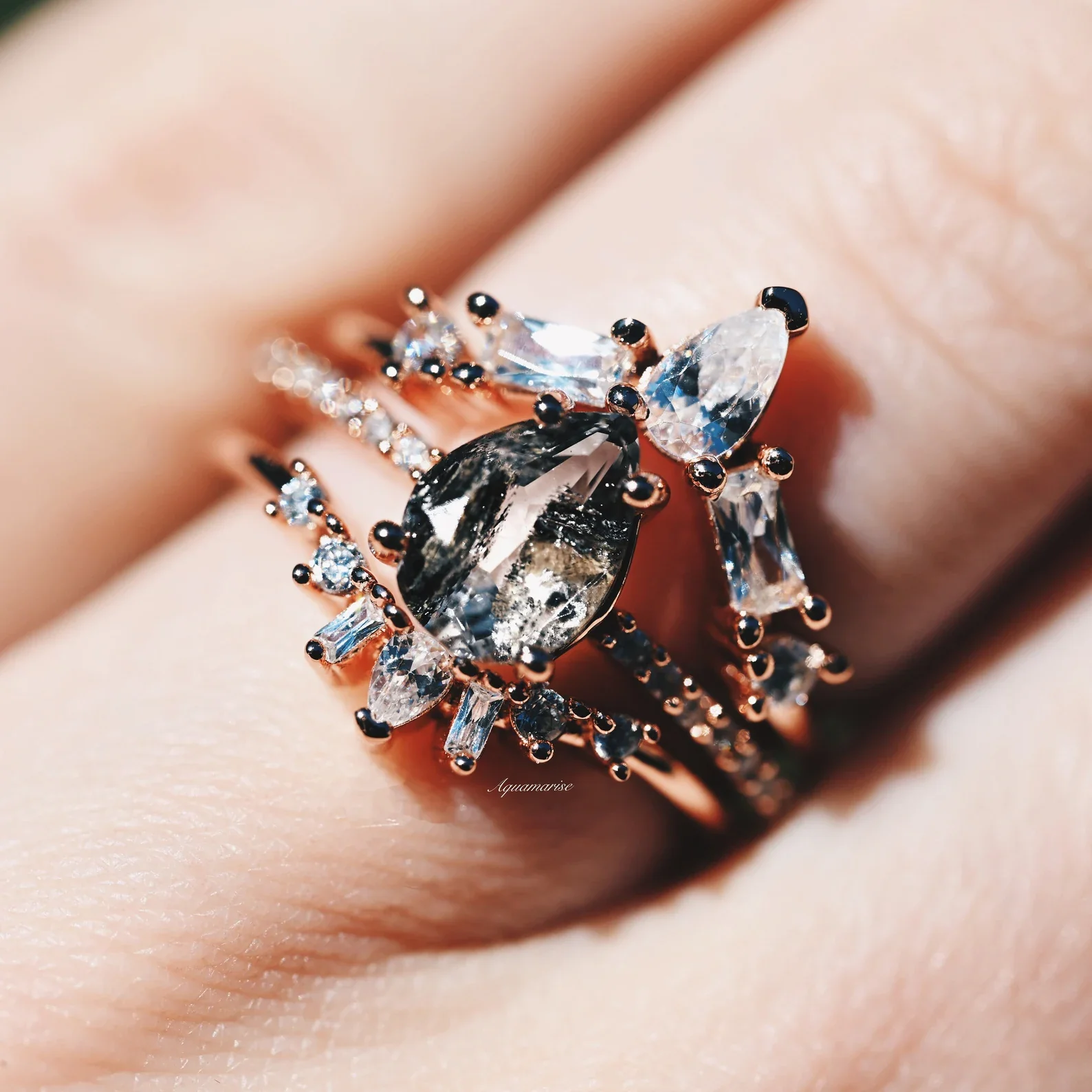 Galaxy Raw Salt & Pepper (Herkimer) Diamond Ring Set- 14K Rose Gold Vermeil - Image 2