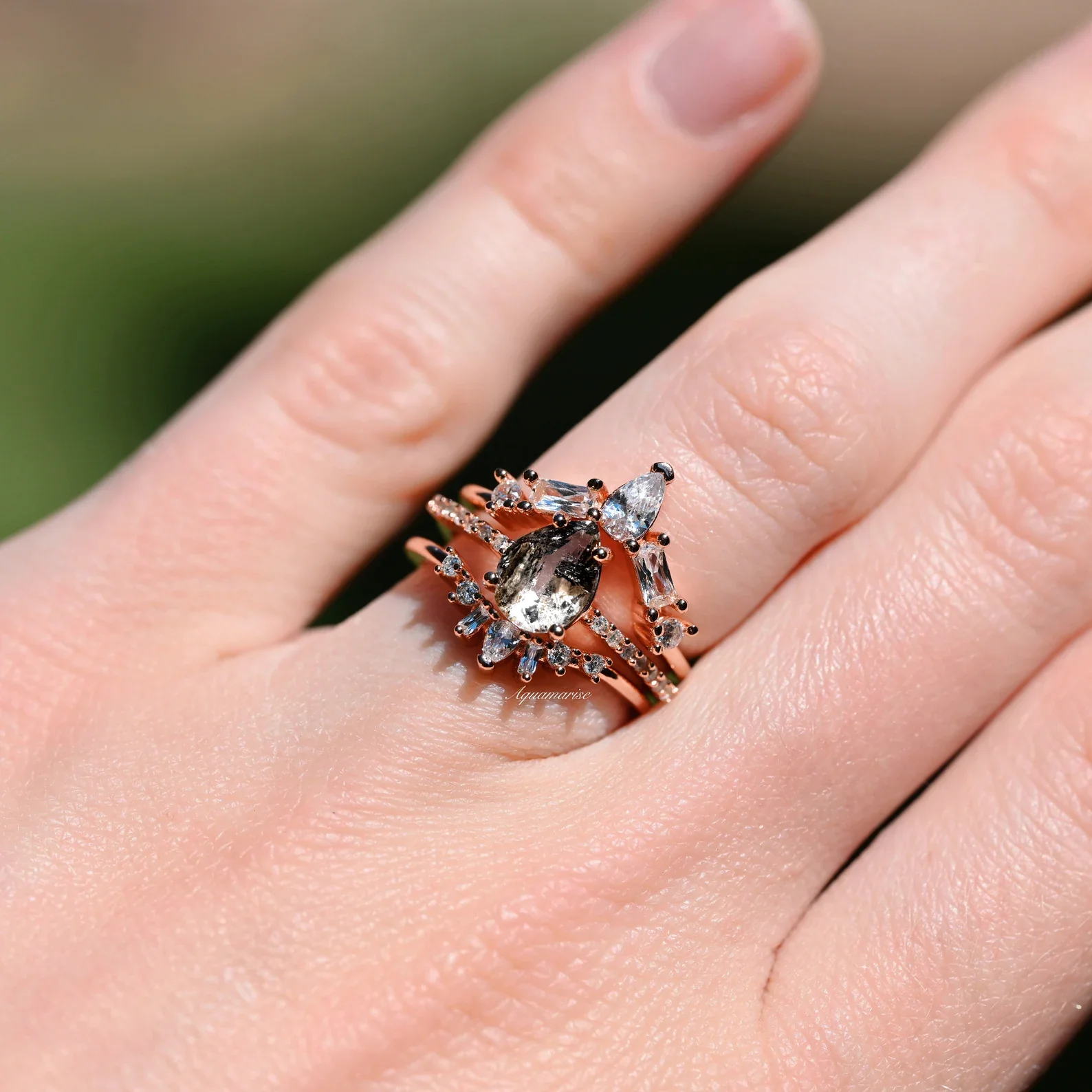 Galaxy Raw Salt & Pepper (Herkimer) Diamond Ring Set- 14K Rose Gold Vermeil - Image 3