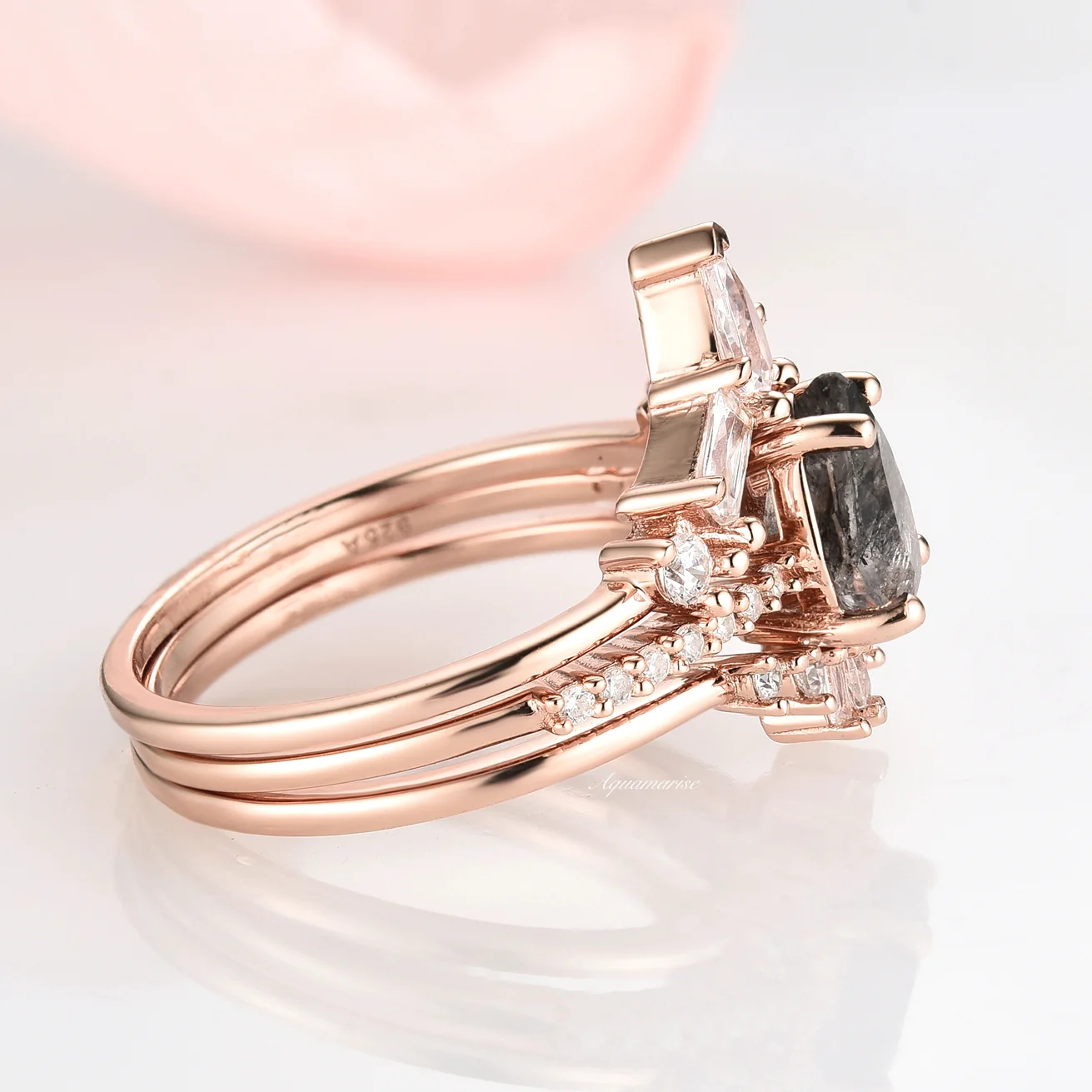 Galaxy Raw Salt & Pepper (Herkimer) Diamond Ring Set- 14K Rose Gold Vermeil - Image 4