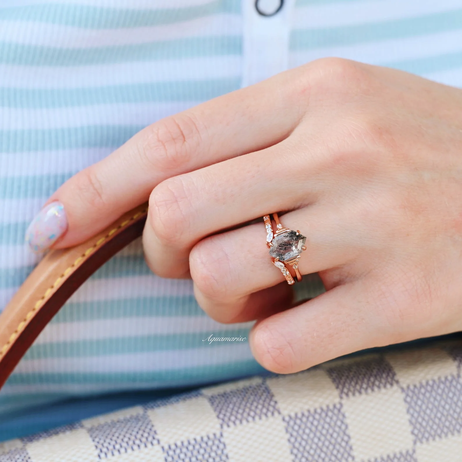Galaxy Raw Salt & Pepper Diamond (Herkimer Diamond) Ring Set- 14K Rose Gold Vermeil - Image 2