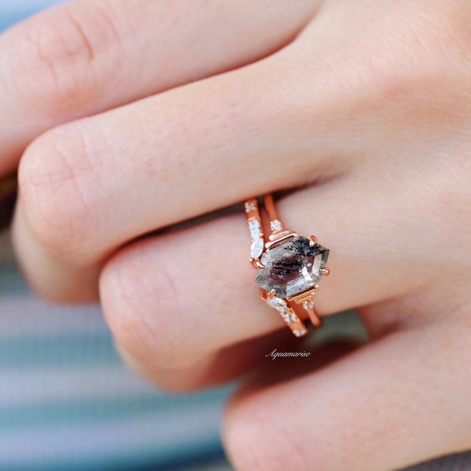 Galaxy Raw Salt & Pepper Diamond (Herkimer Diamond) Ring Set- 14K Rose Gold Vermeil - Image 3