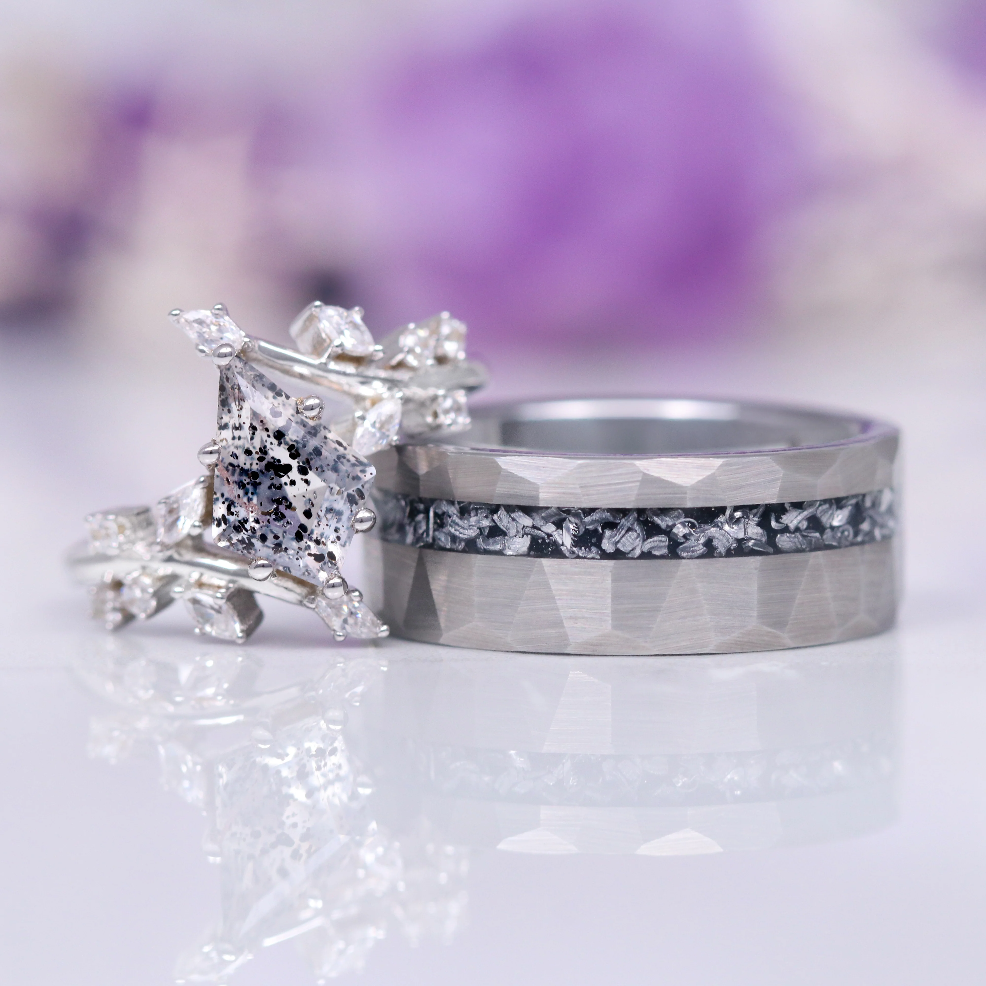Galaxy Raw Salt & Pepper (Herkimer Diamond) Leaf Ring in Sterling Silver - Image 4