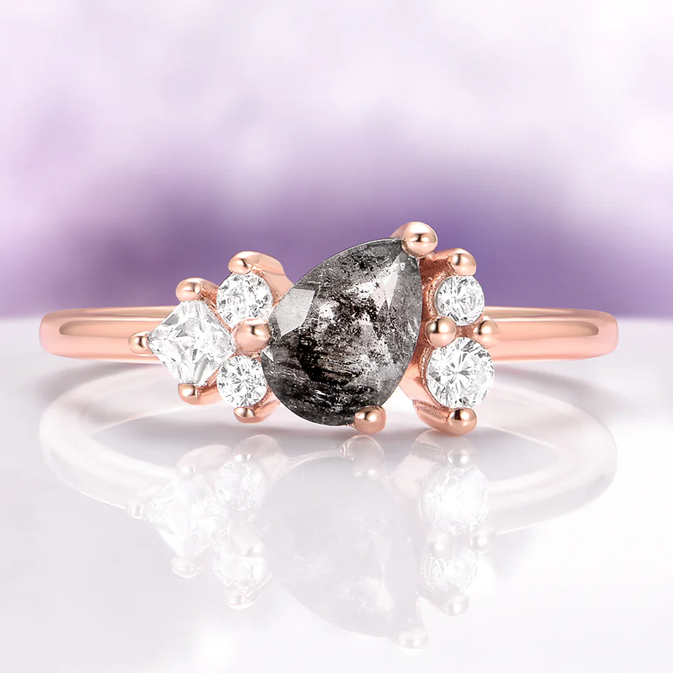 Natural Herkimer Diamond Cluster Engagement Ring in 14K Solid Rose Gold