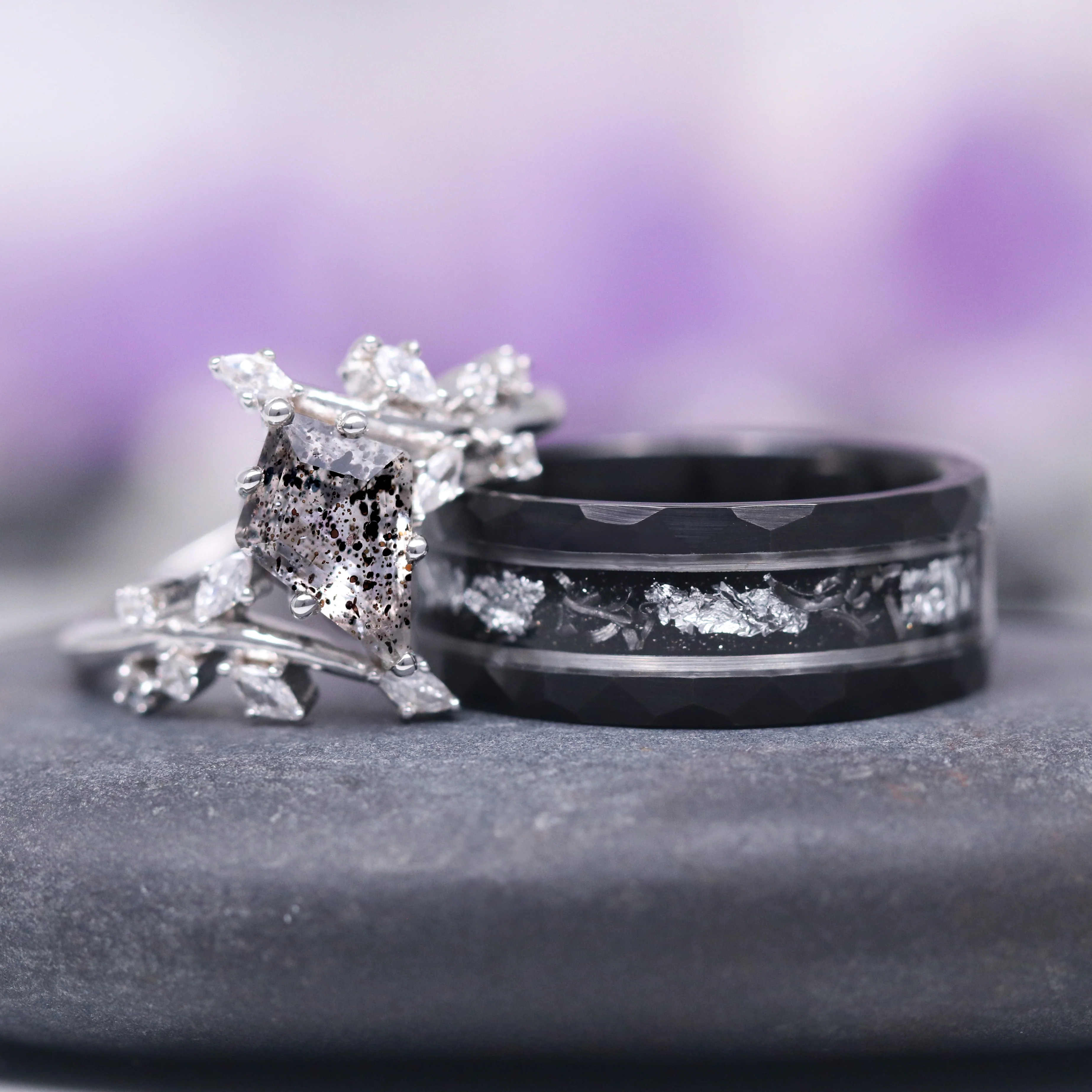 Galaxy Raw Salt & Pepper (Herkimer Diamond) Leaf Ring in Sterling Silver - Image 3