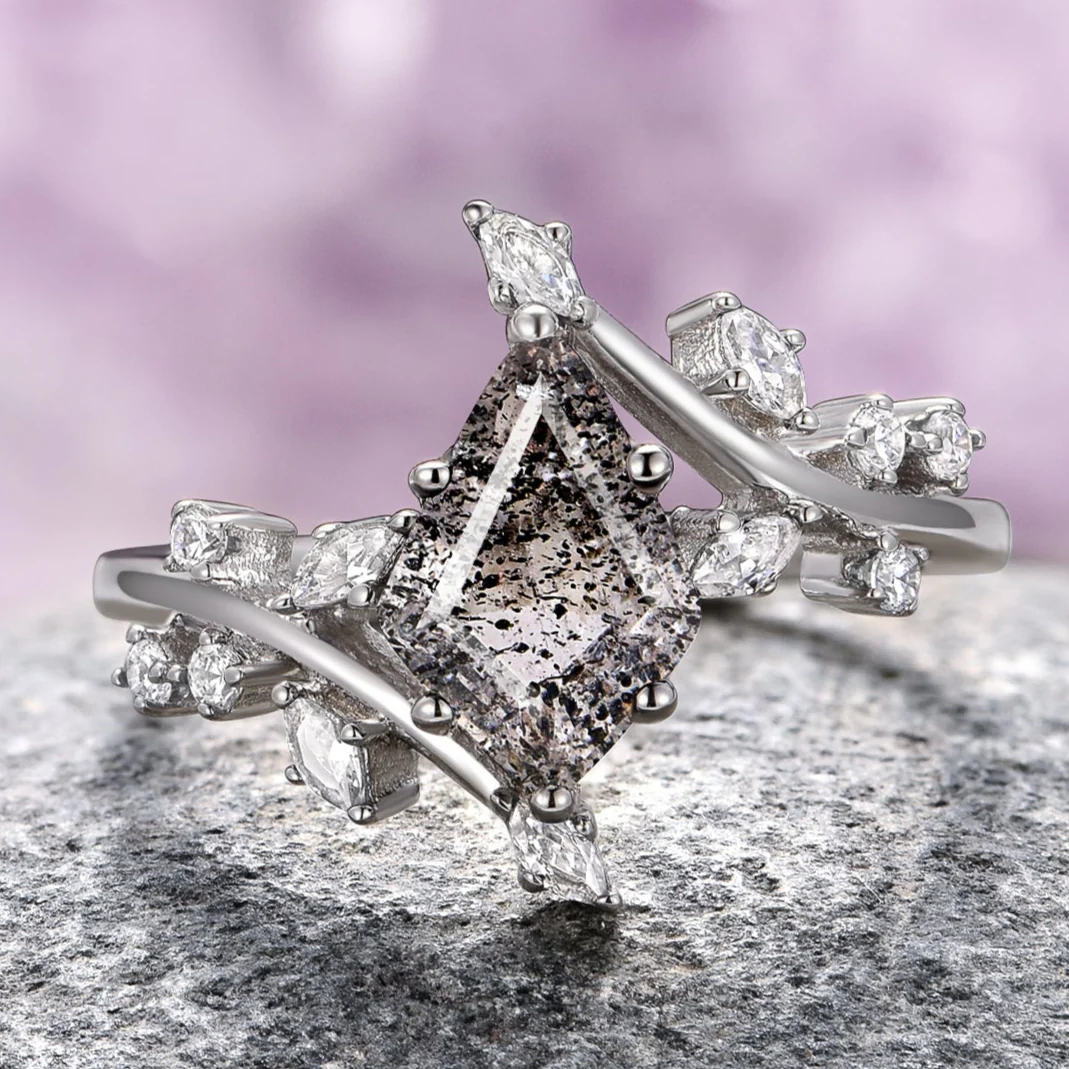 Galaxy Salt and Pepper (Herkimer) Diamond & Meteorite Couples Ring Set - Image 4