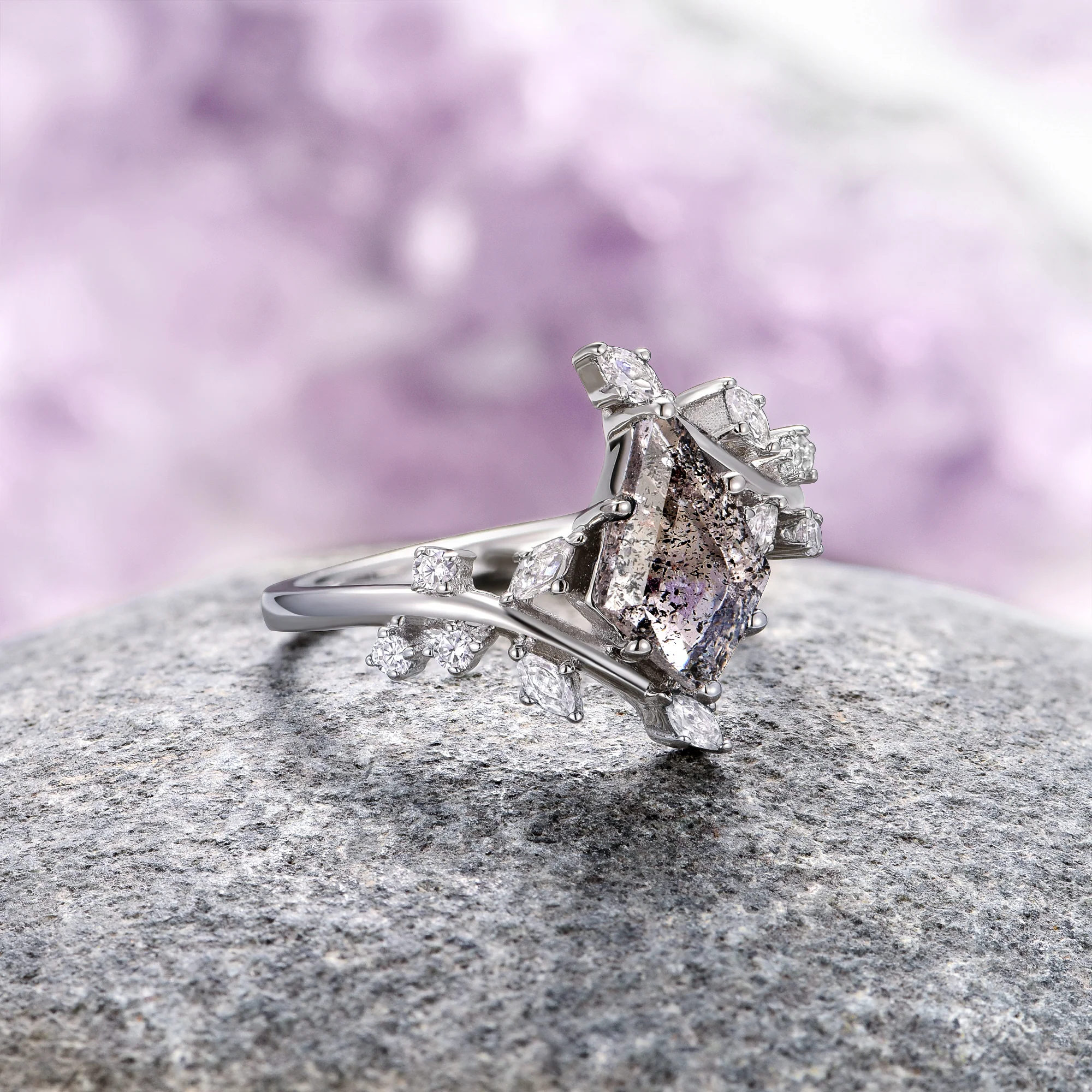 Galaxy Salt and Pepper (Herkimer) Diamond & Meteorite Couples Ring Set - Image 8