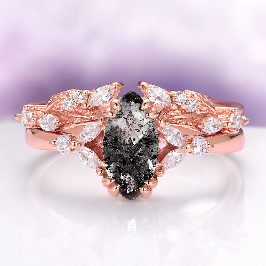 Galaxy Salt and Pepper (Herkimer) Diamond & Meteorite Couples Ring Set - Image 2