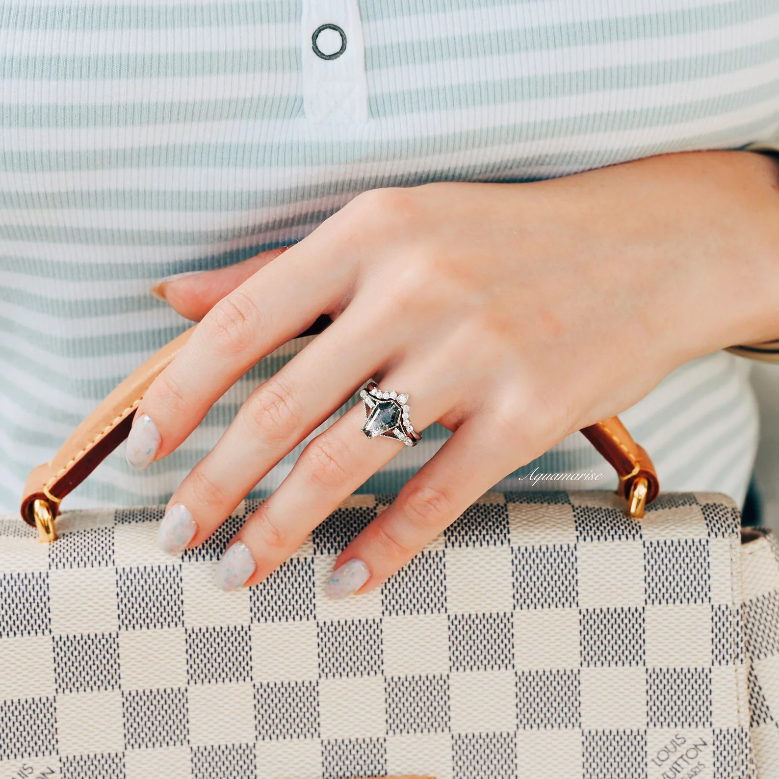 Galaxy Salt & Pepper (Herkimer) Diamond & Meteorite Couples Ring Set - Image 5