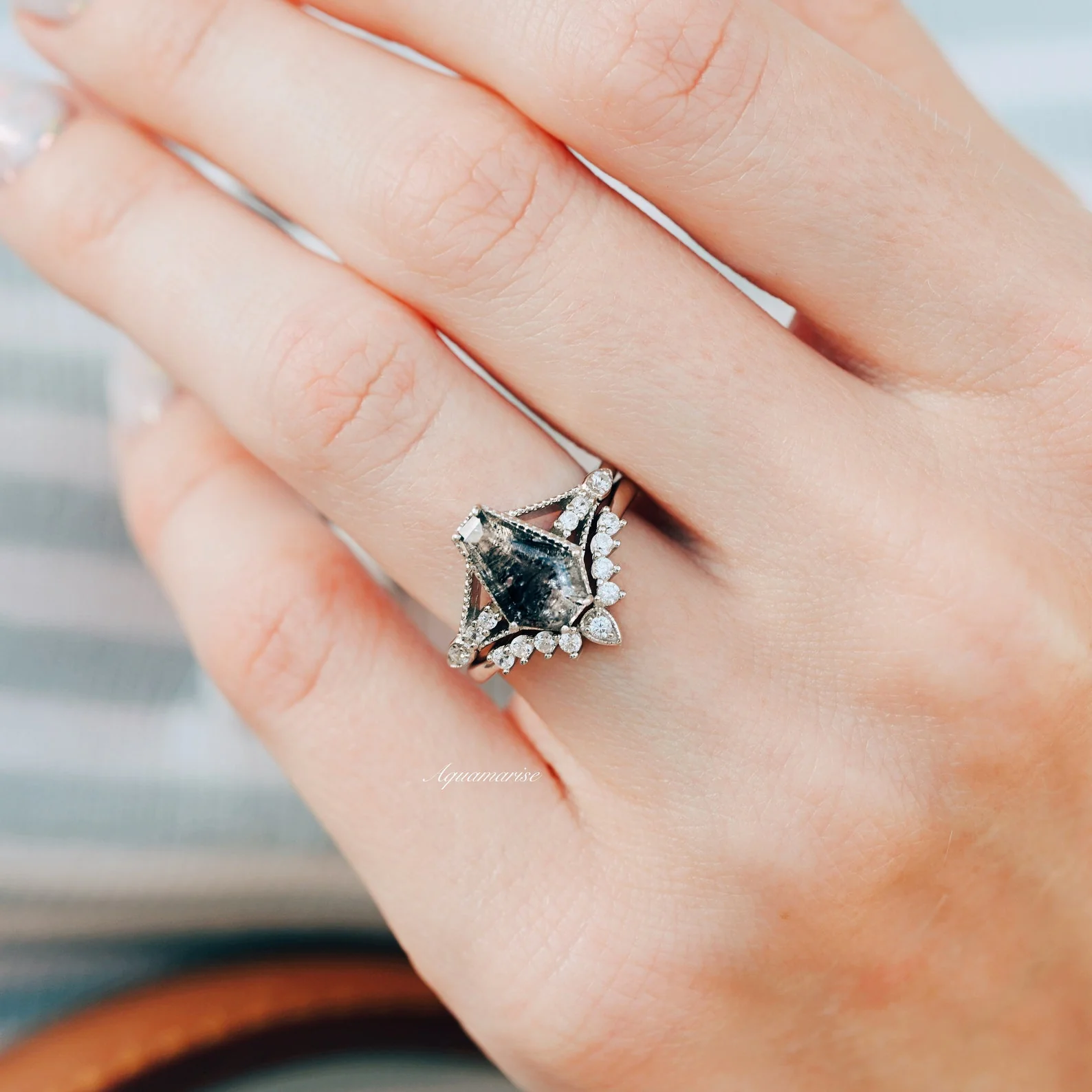 Galaxy Salt & Pepper (Herkimer) Diamond & Meteorite Couples Ring Set - Image 6