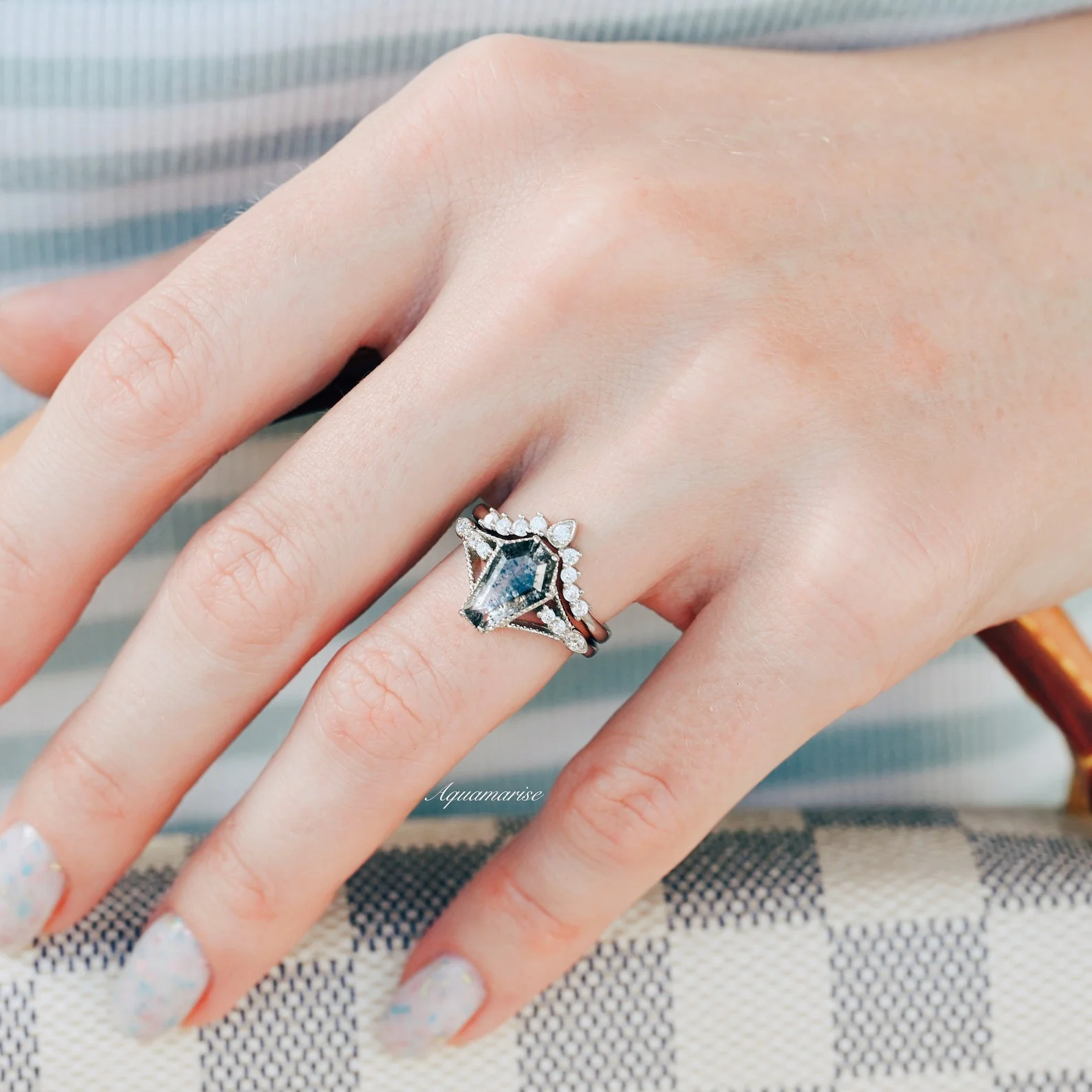 Galaxy Salt & Pepper (Herkimer) Diamond & Meteorite Couples Ring Set - Image 8