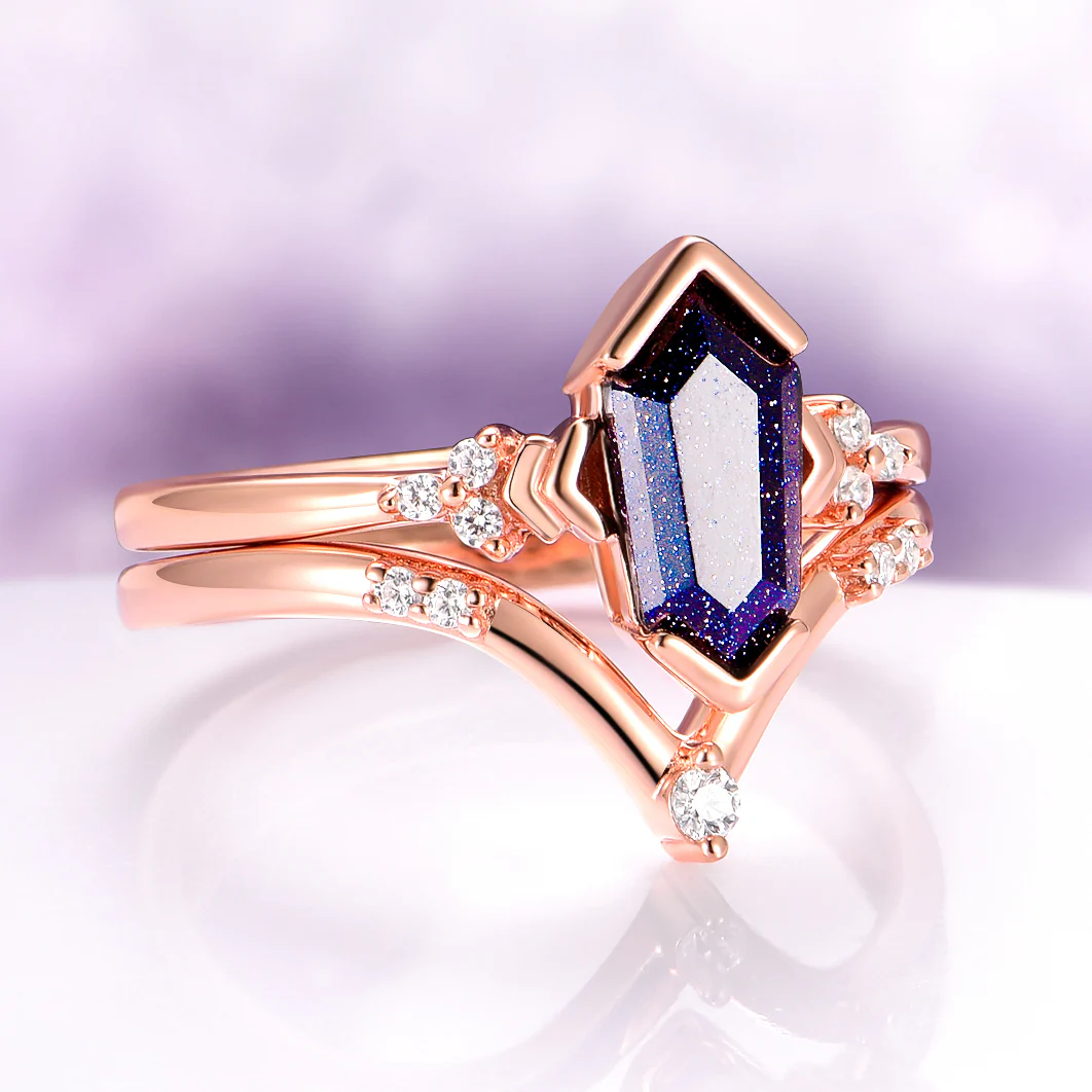 Galaxy Sandstone (Starry Night) Engagement Ring Set in 14K Solid Rose Gold - Image 3