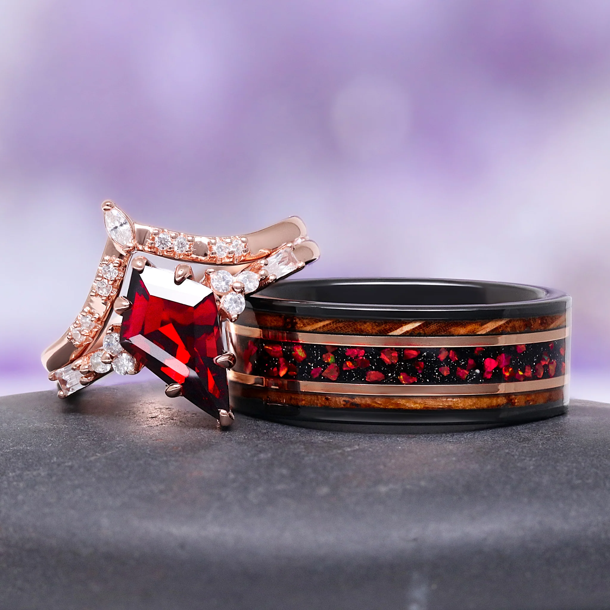 Garnet & Red Fire Opal Whiskey Barrel Couples Ring Set