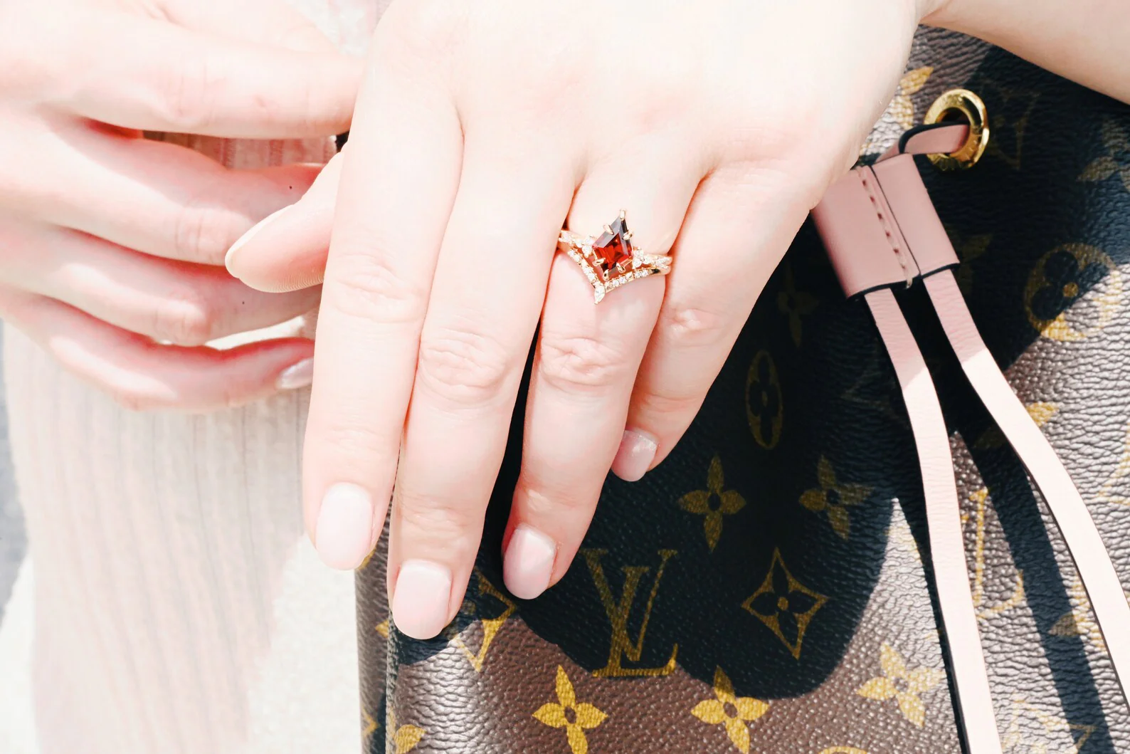 Garnet & Red Fire Opal Whiskey Barrel Couples Ring Set - Image 5