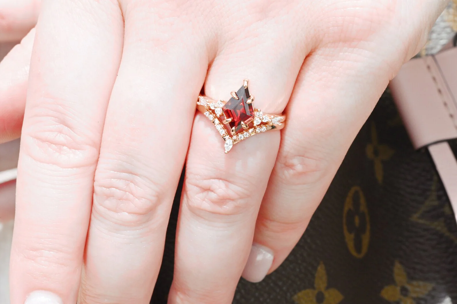 Garnet & Red Fire Opal Whiskey Barrel Couples Ring Set - Image 7