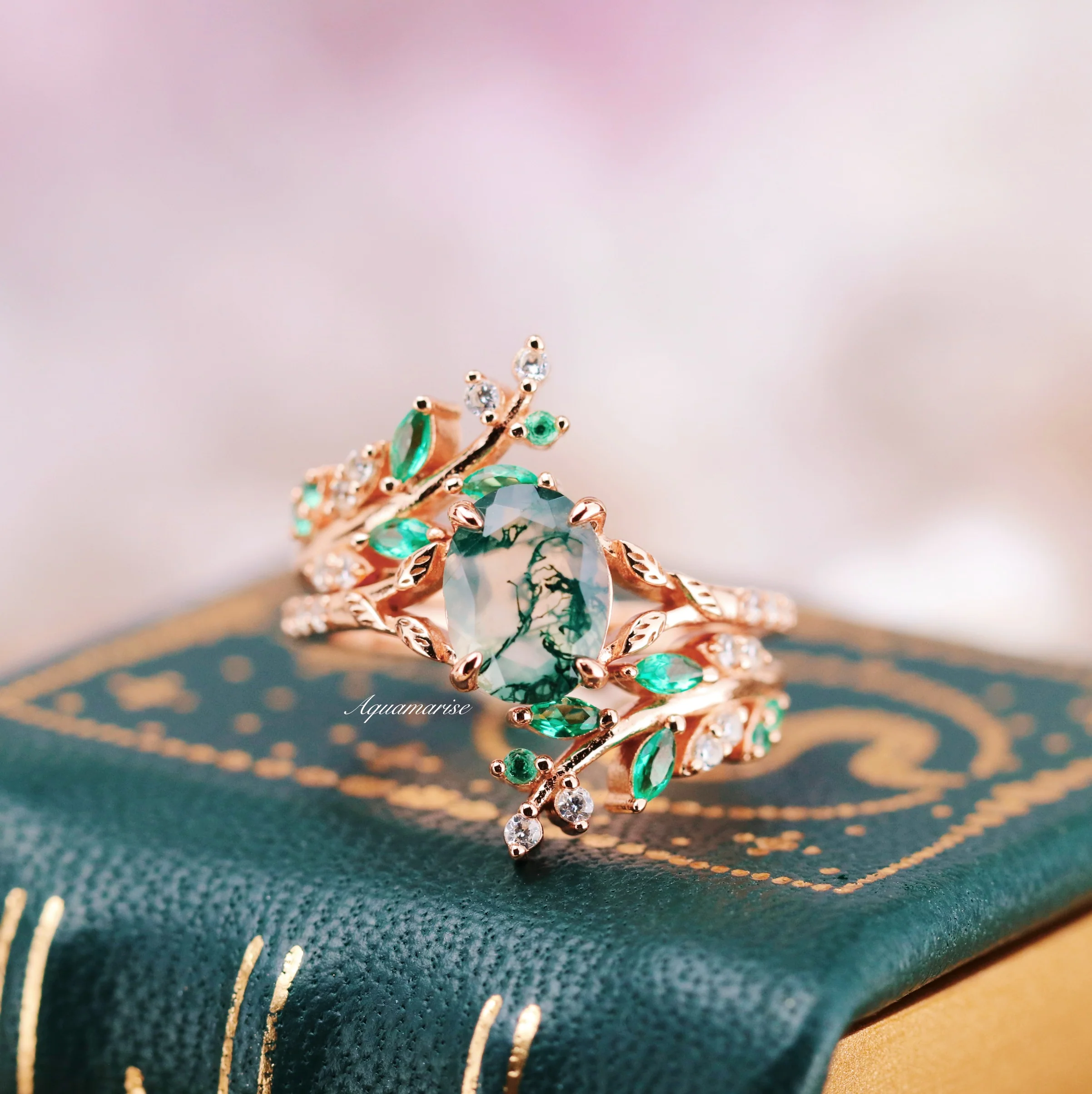Green Fire Opal & Moss Agate Leaf Couples Ring Set - Image 10