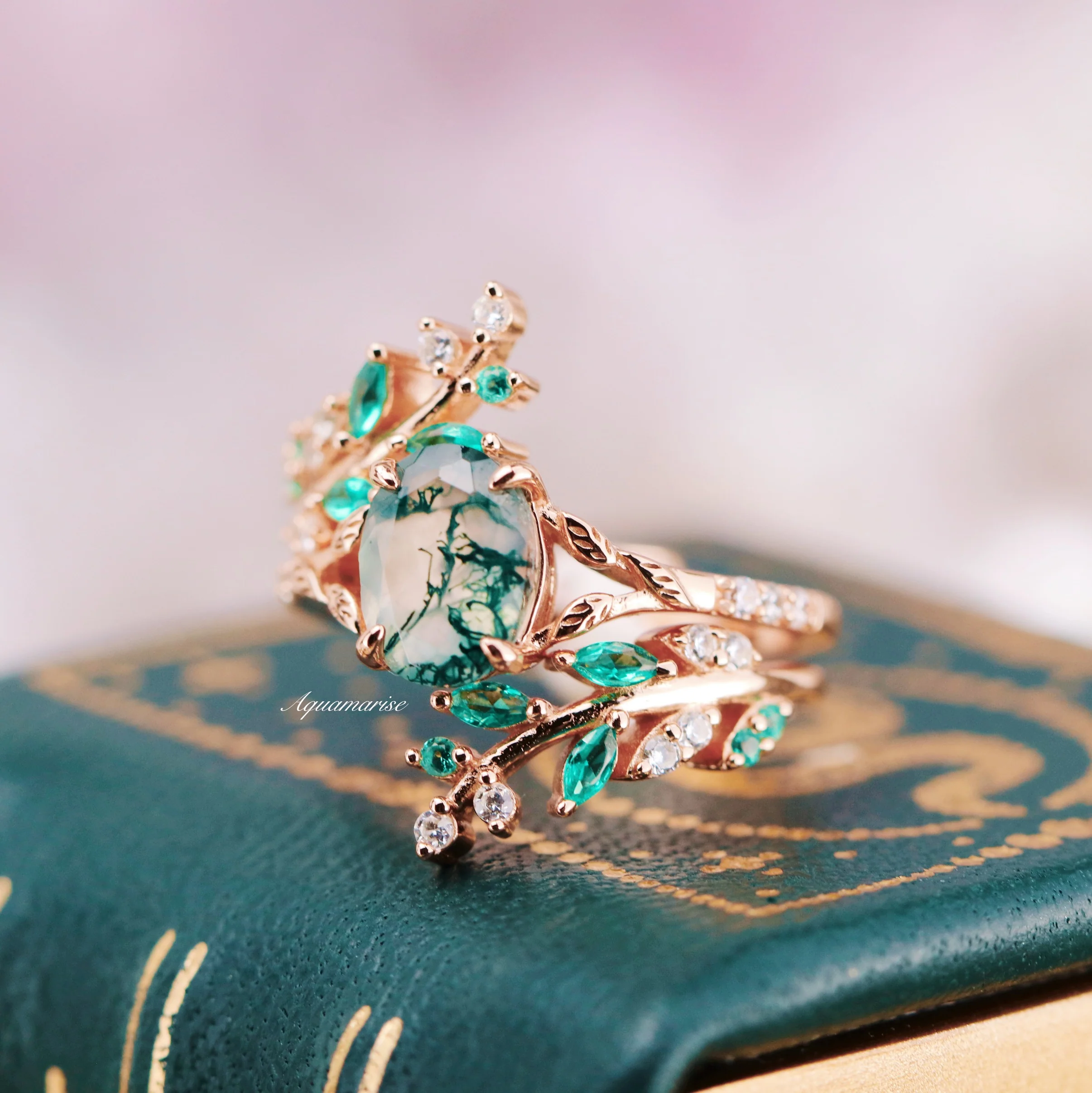 Green Fire Opal & Moss Agate Leaf Couples Ring Set - Image 11