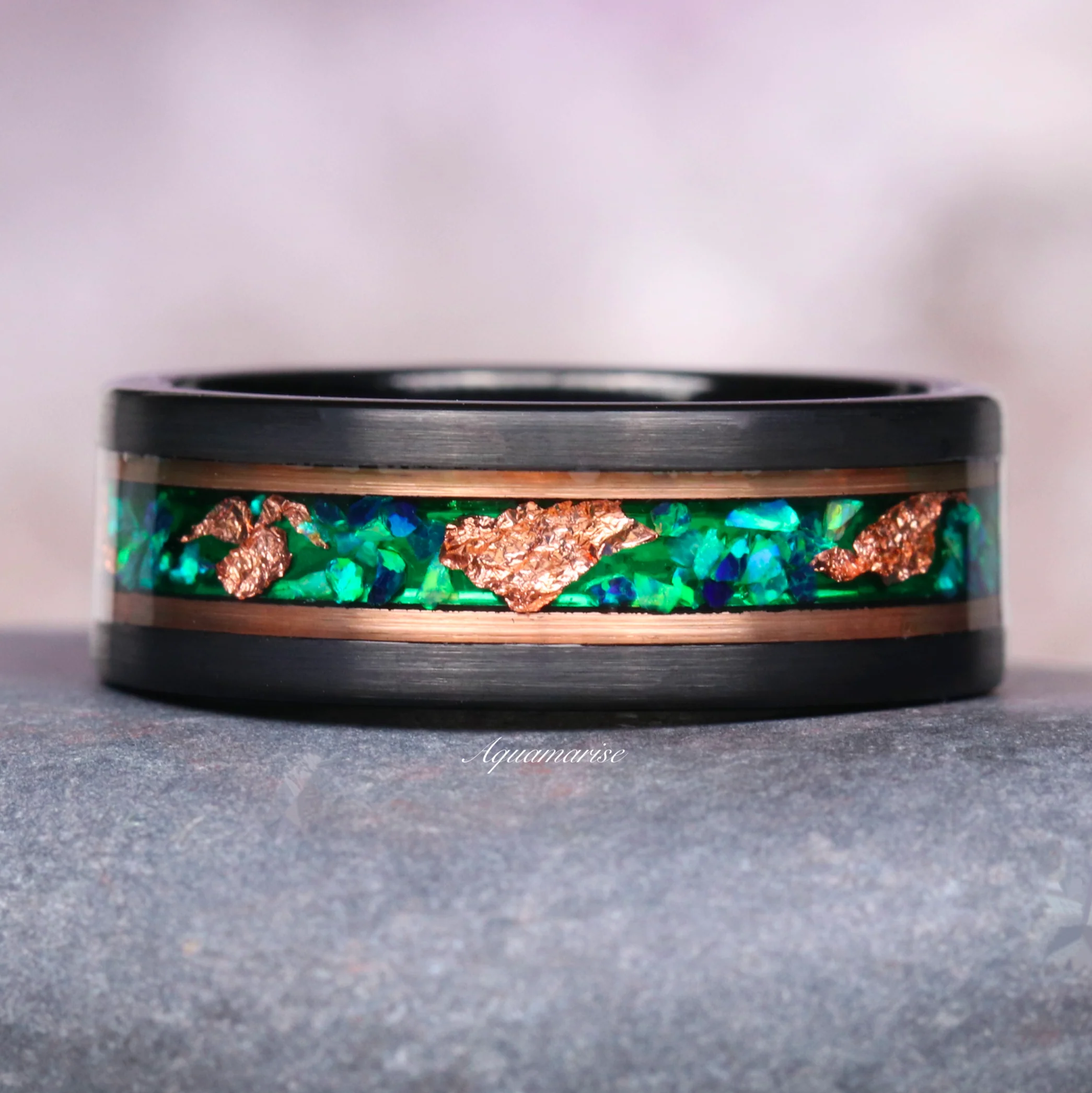 Rose Gold & Black Green Fire Opal & Rose Gold Leaf Wedding Band in Two Tone Tungsten