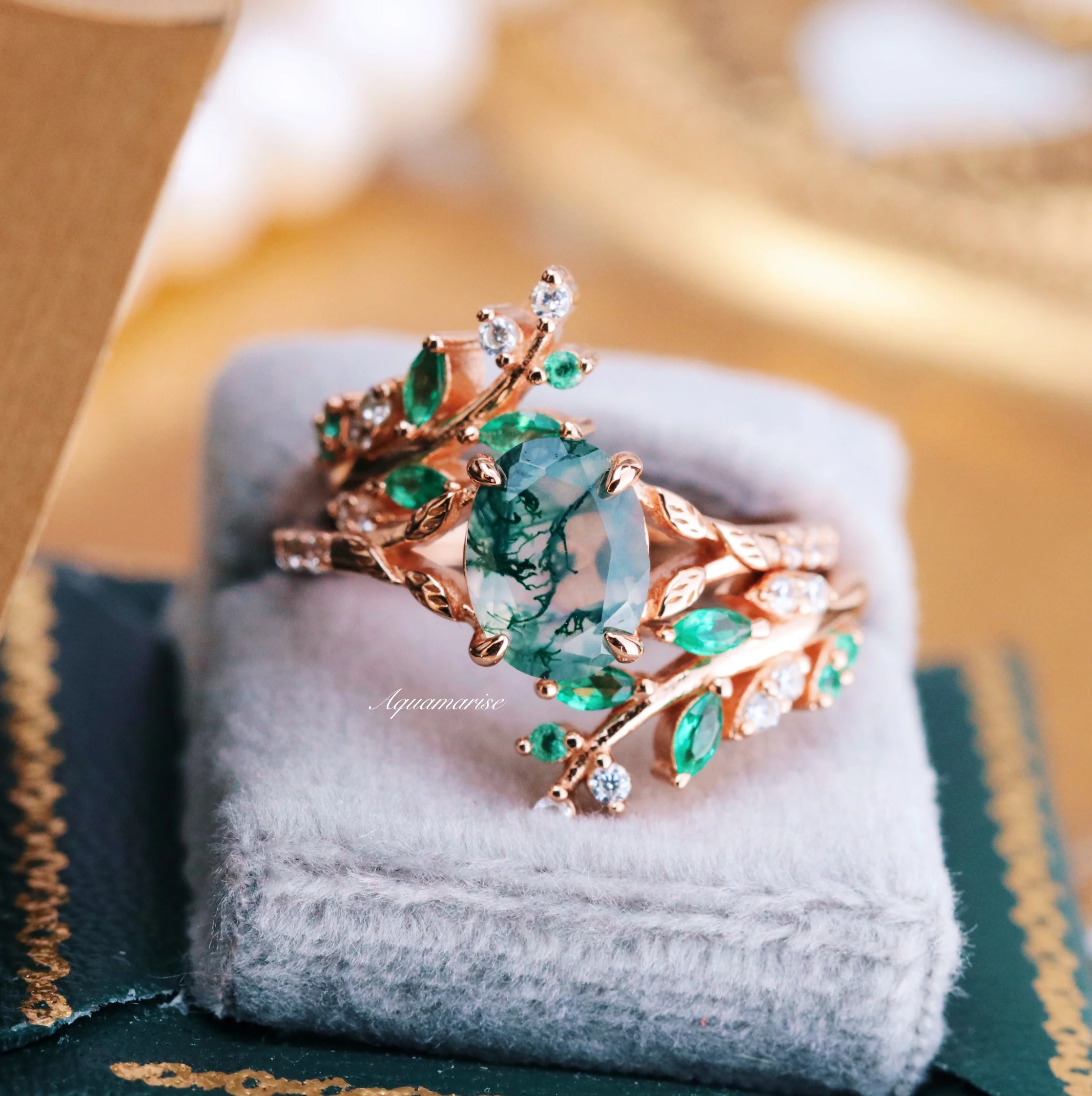 Green Fire Opal & Moss Agate Leaf Couples Ring Set - Image 3