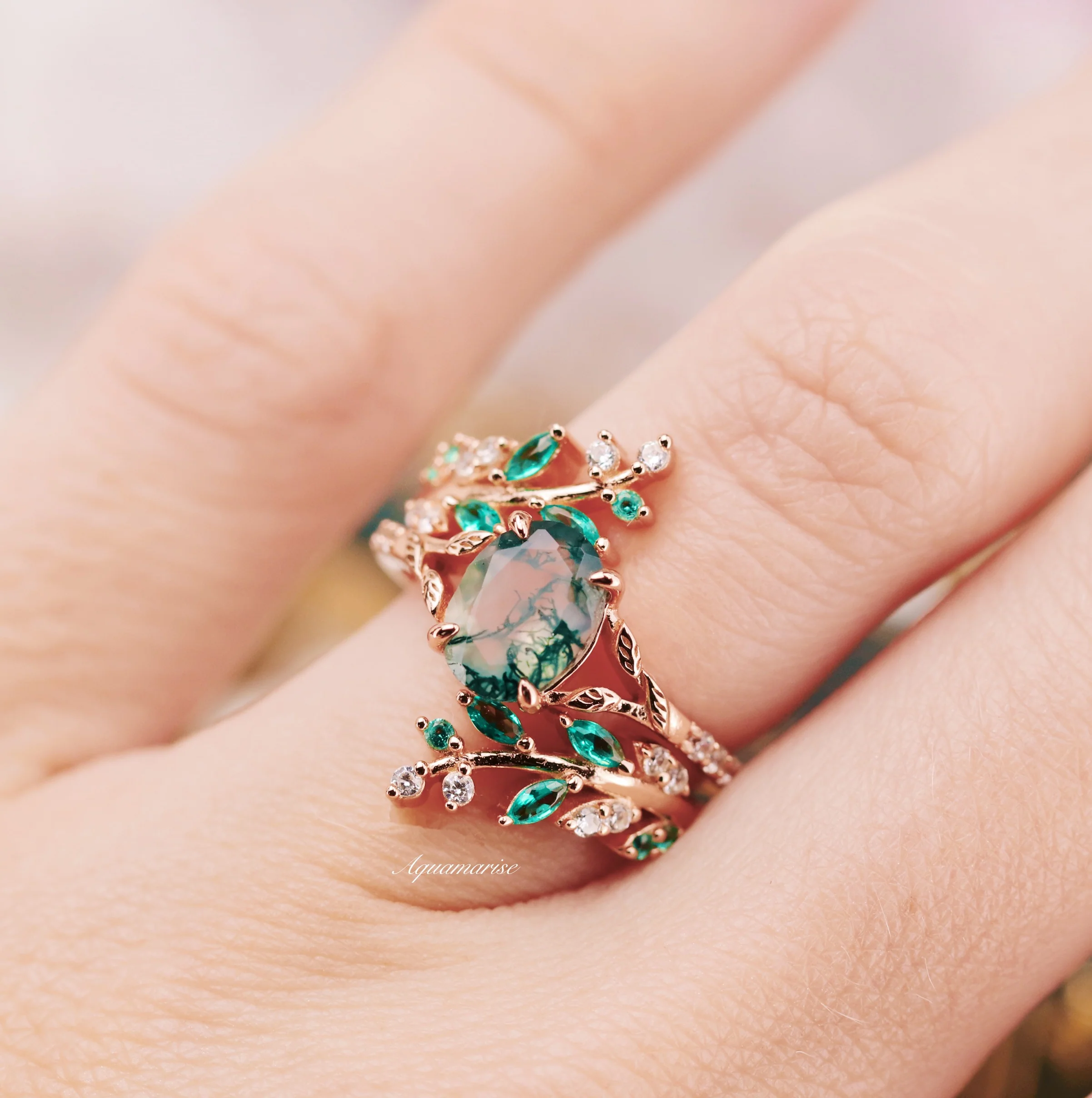Green Fire Opal & Moss Agate Leaf Couples Ring Set - Image 5
