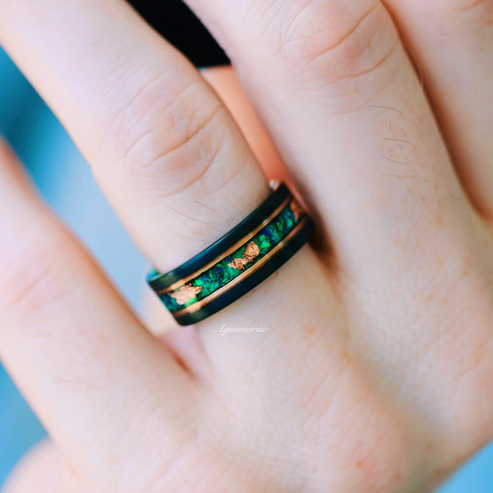 Rose Gold & Black Green Fire Opal & Rose Gold Leaf Wedding Band in Two Tone Tungsten - Image 3