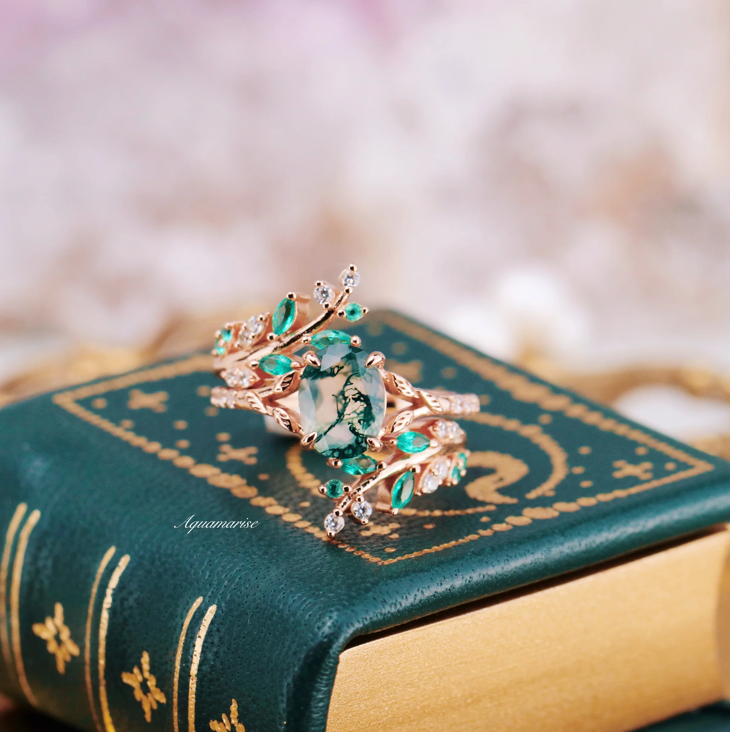 Green Fire Opal & Moss Agate Leaf Couples Ring Set - Image 9