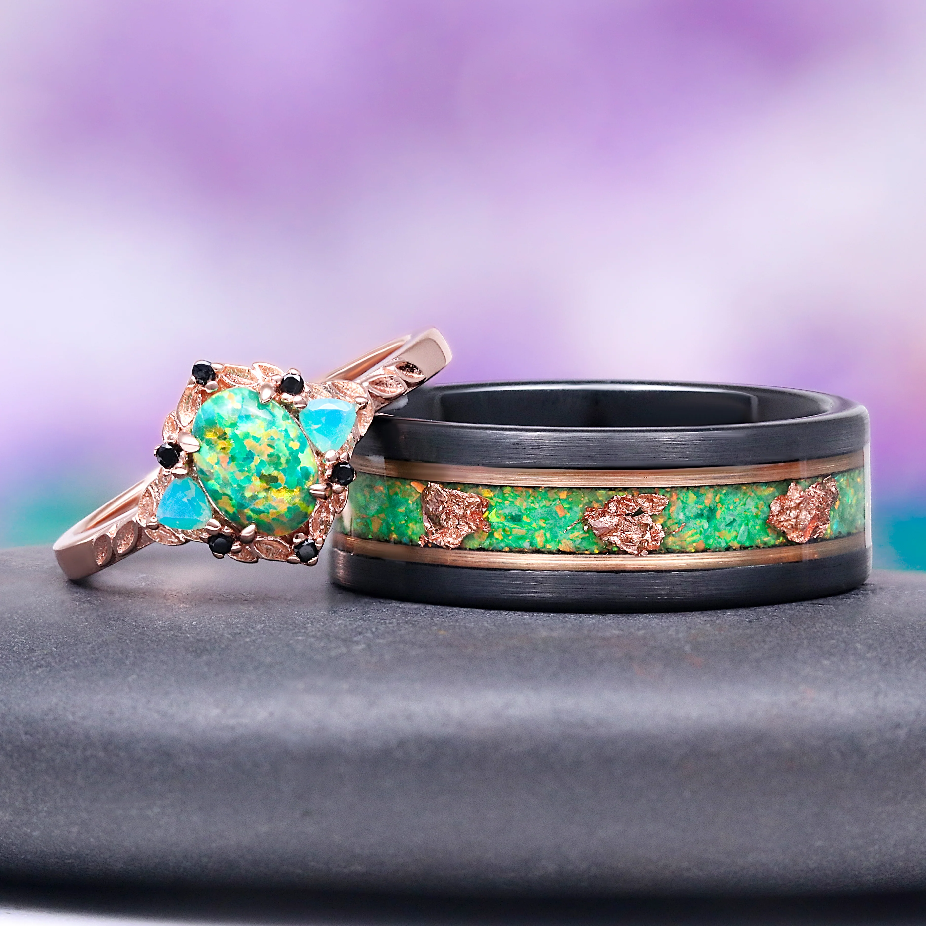 Green Fire Opal & Rose Gold Leaf Wedding Band in Two-Tone Tungsten Carbide (8mm) - Image 3