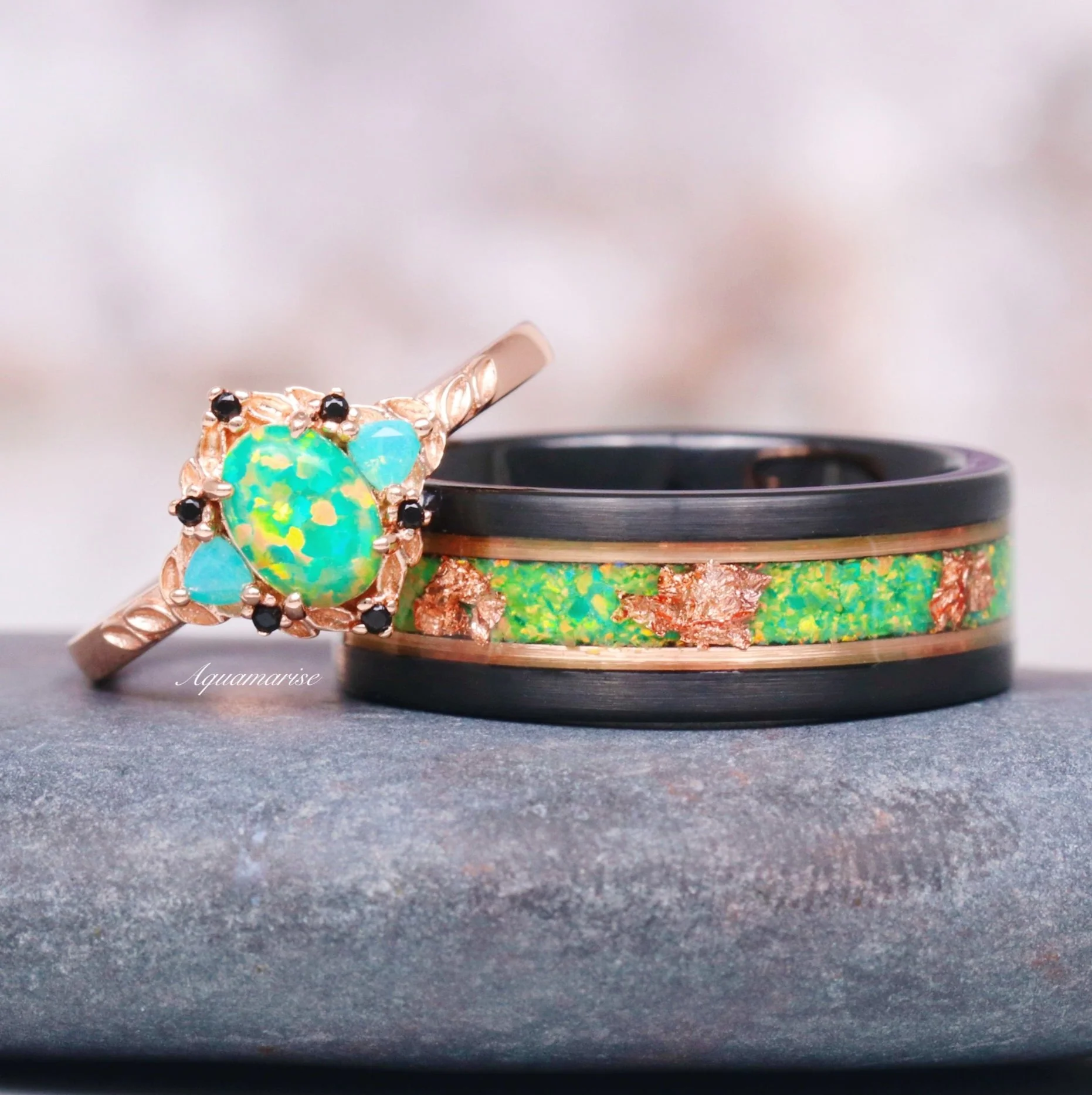 Green Fire Opal Leaf Engagement Ring in 14K Rose Gold Vermeil - Image 5
