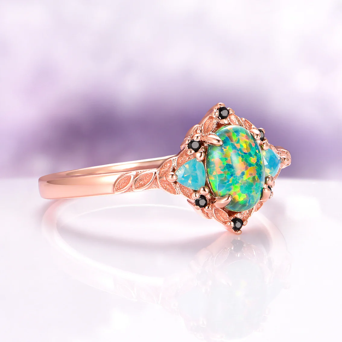 Eldoria Green Fire Opal & Rose Gold Couples Ring Set - Image 8