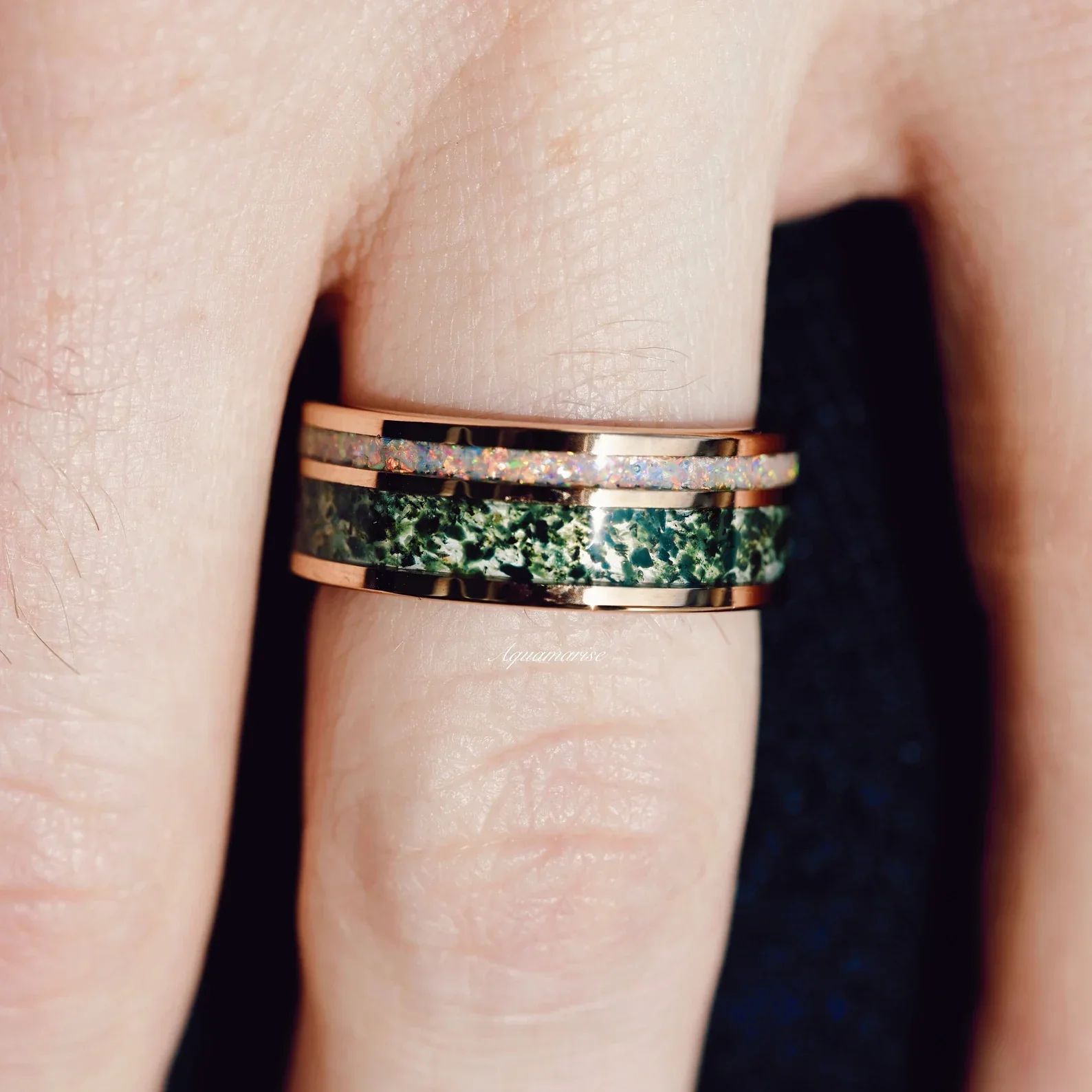 Moss Agate & Fire Opal Couples Ring Set - Image 3
